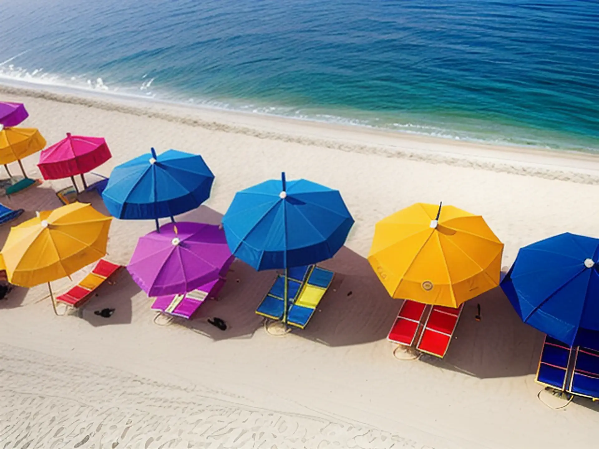 Kleurrijke strandparasols aan azuurblauwe kust vanuit vogelperspectief
