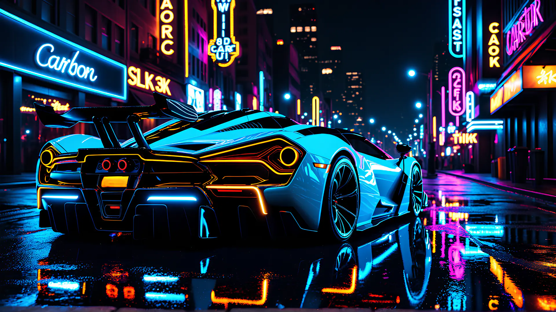 Turquoise Hypercar met Neon Contourverlichting in Futuristische Cyberpunk Metropool