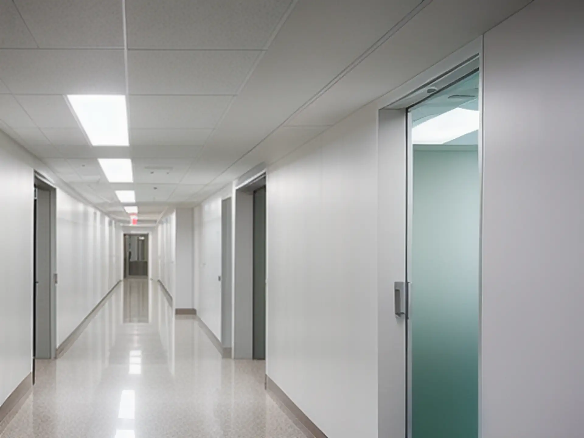 Moderne kantoorgang met strakke witte muren en glazen deuren