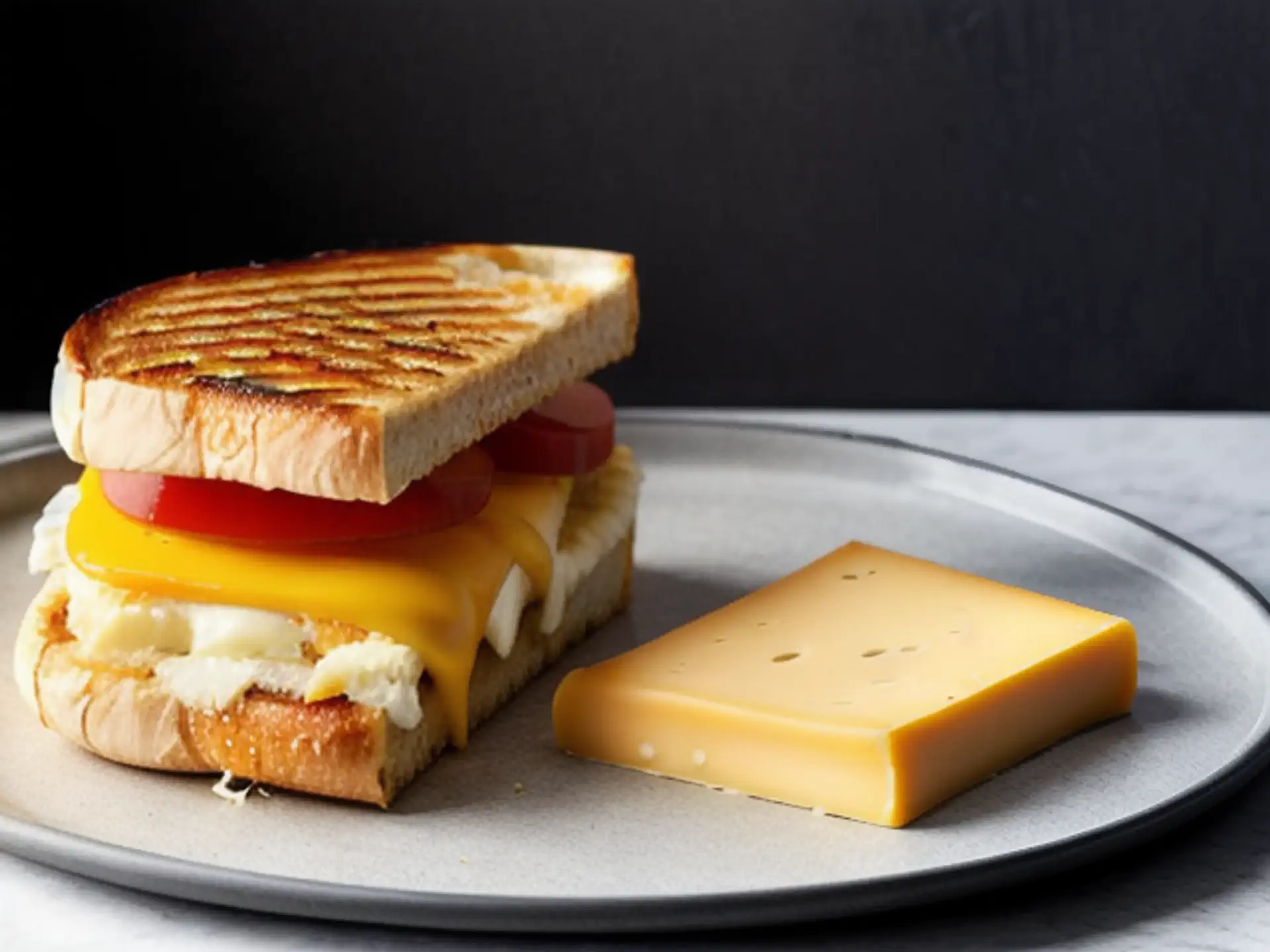Ambachtelijke tosti met jonge kaas en tomaat op grijze serveerschaal