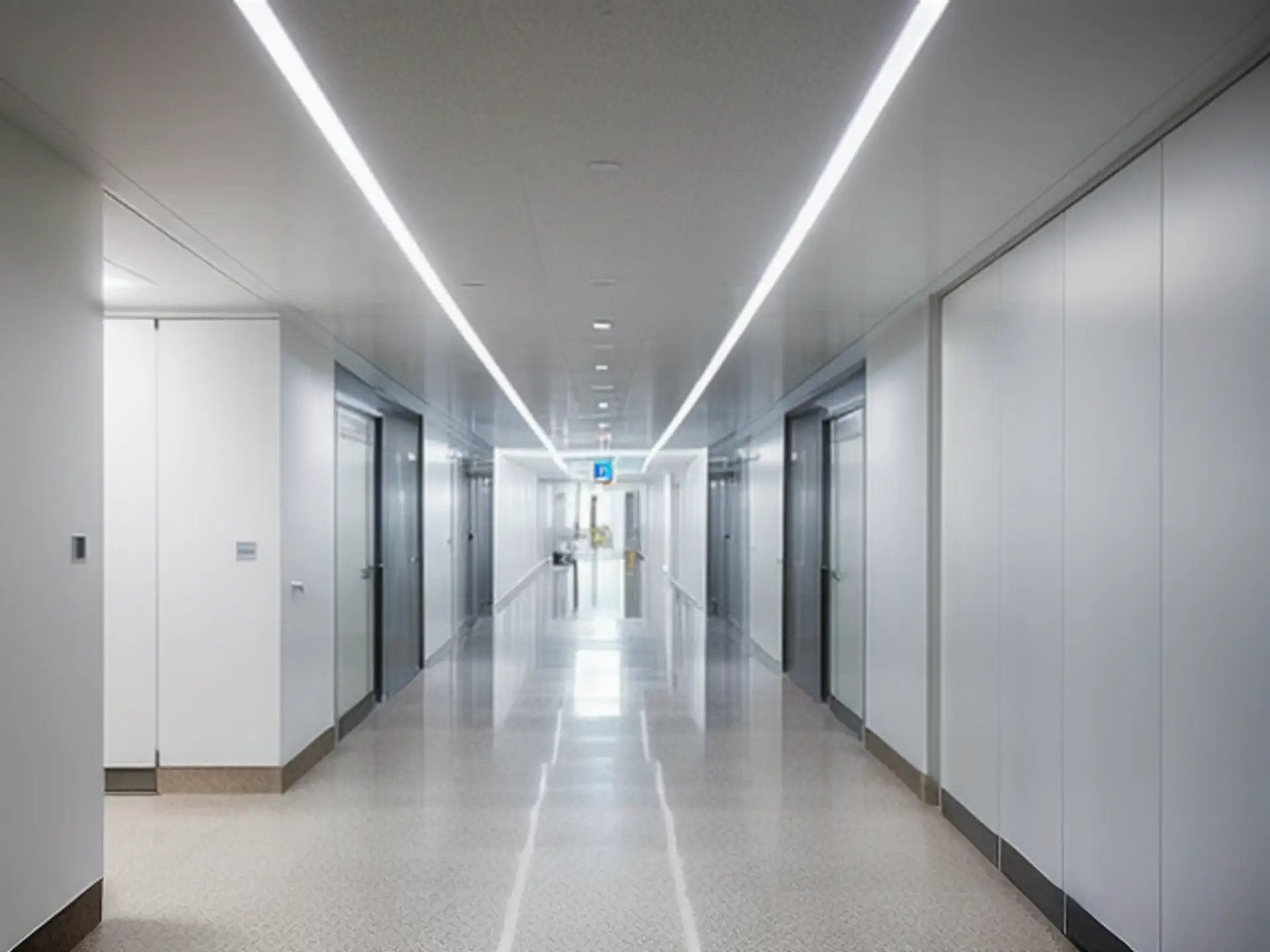 Moderne ziekenhuisgang met strakke LED-verlichting en witte deuren