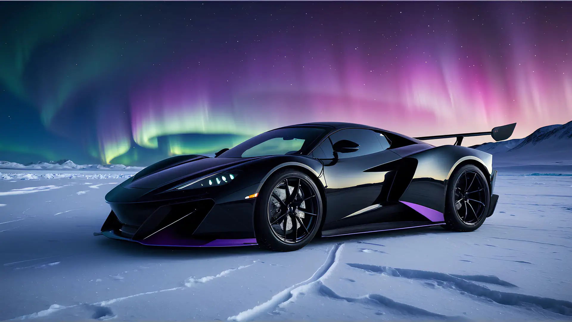 Zwarte Hypercar met Paarse Accenten en LED-Koplampen onder Aurora Borealis