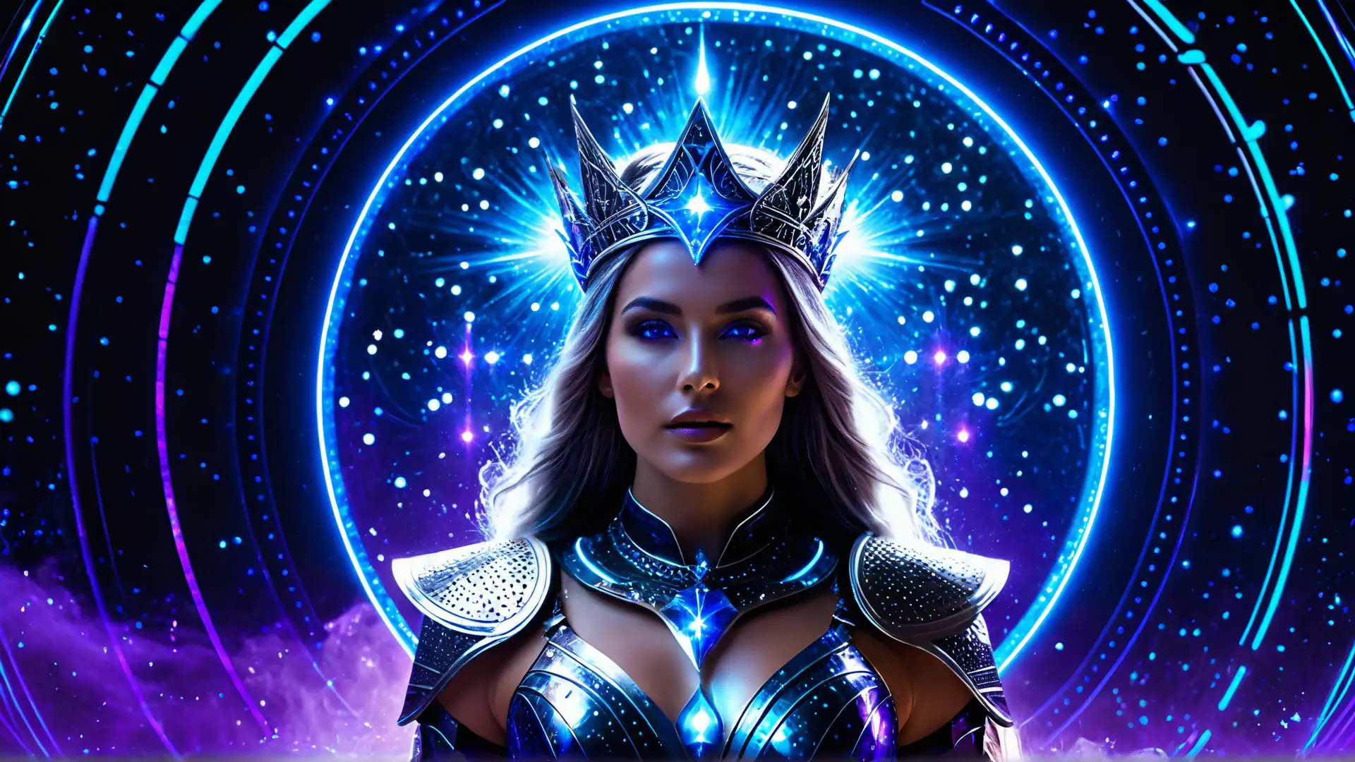 Mystieke fantasy koningin in futuristisch blauw harnas met