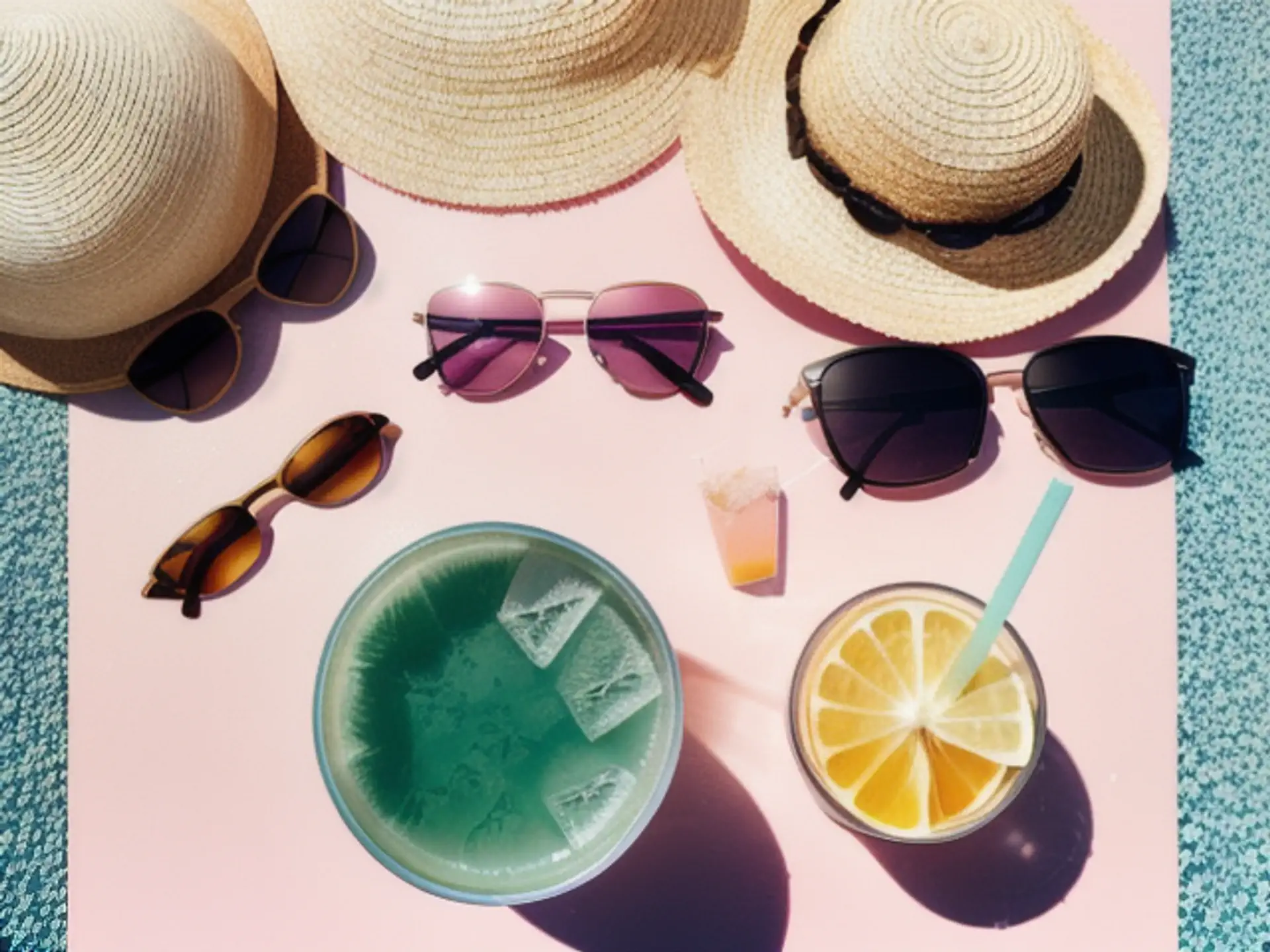 Zomerse cocktails met trendy zonnebrillen en strohoed