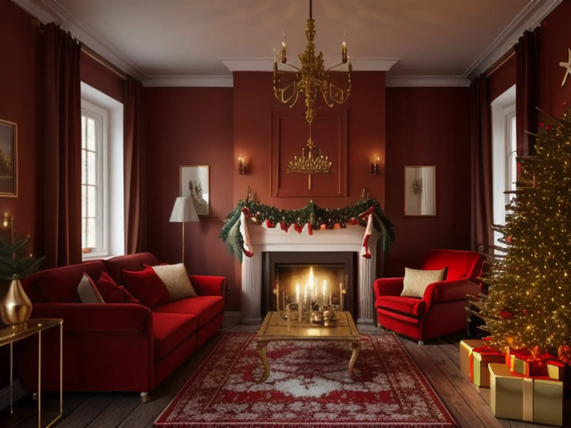 Klassieke woonkamer met kerstsfeer in rijke bordeauxrode tinten
