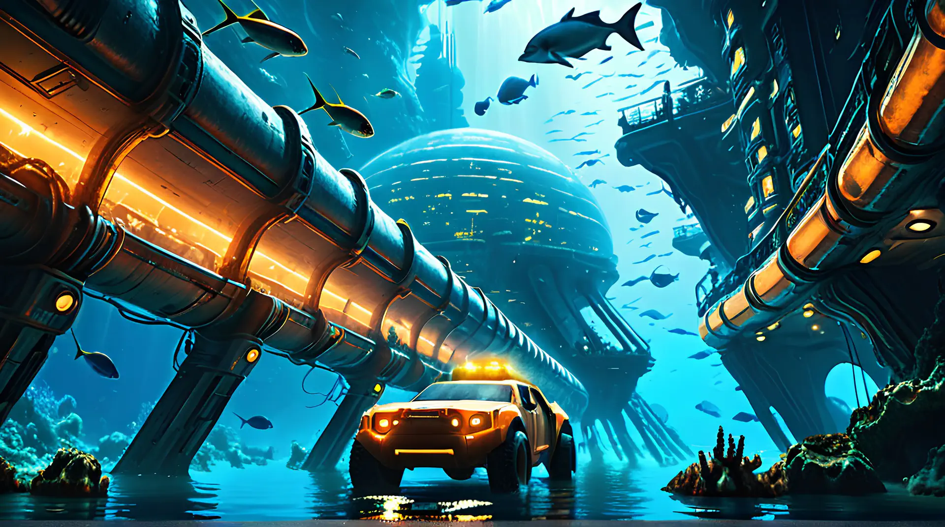Futuristische Terreinwagen in Onderwaterstad 4K Wallpaper
