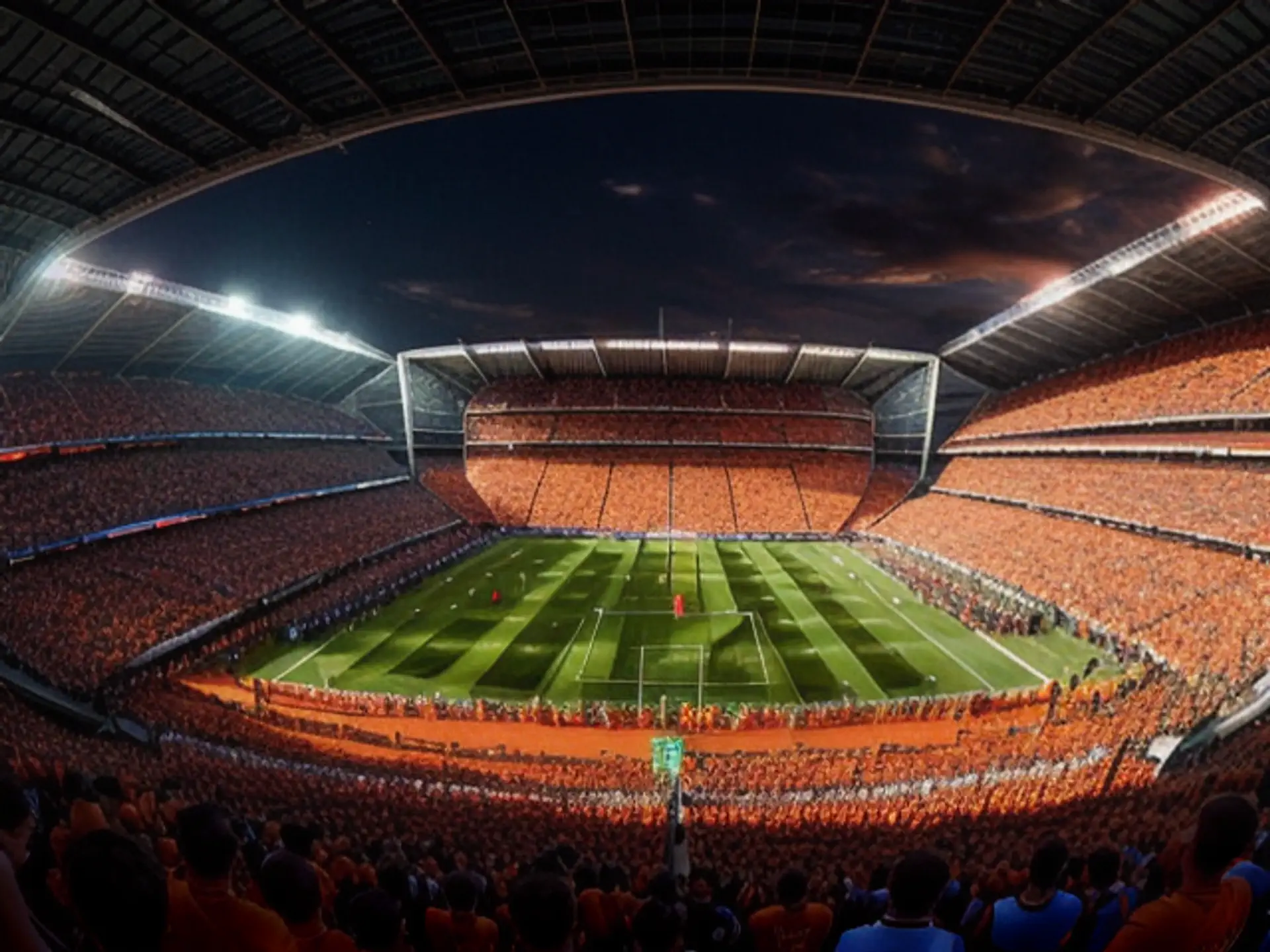 Indrukwekkend voetbalstadion vol Oranjefans tijdens avondwedstrijd