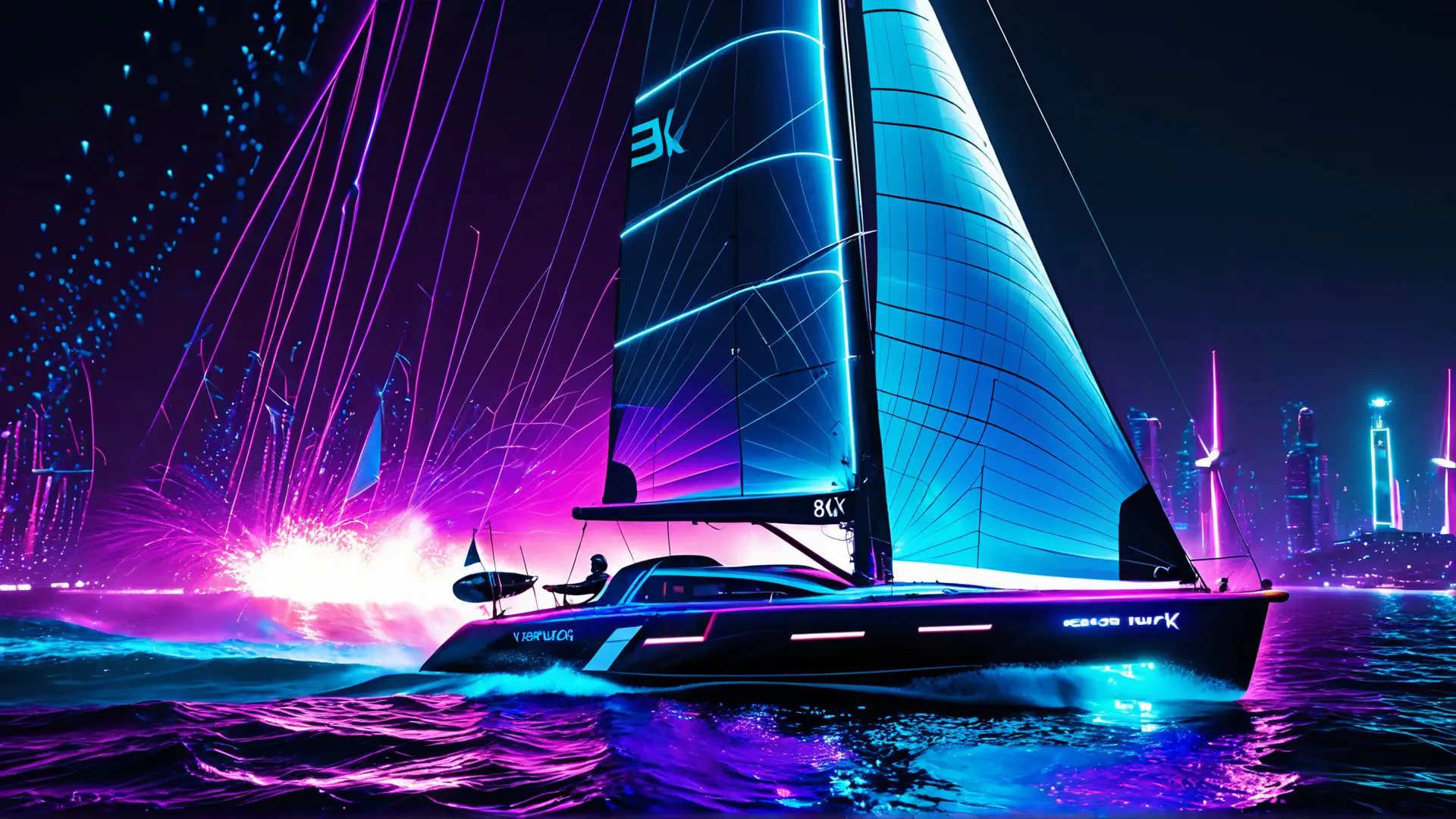 Futuristische zeilboot in neon verlichte skyline bij nacht