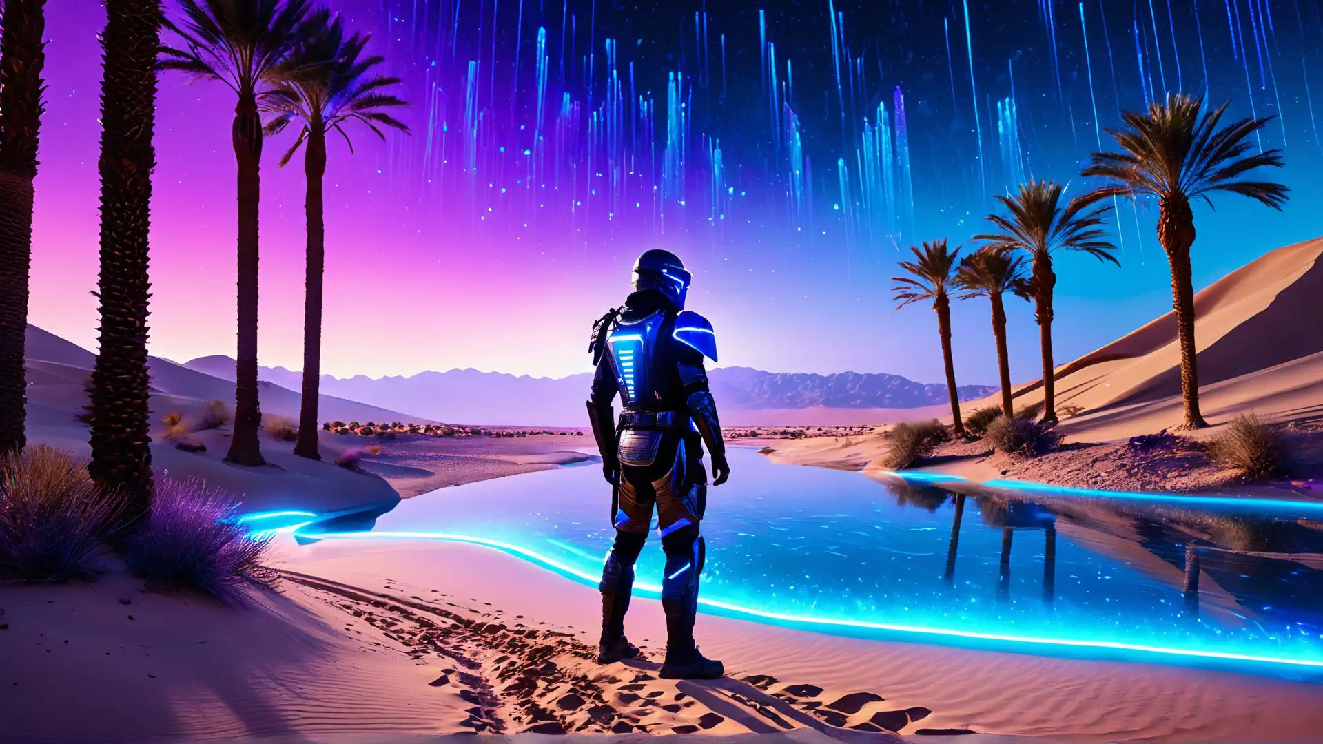 Futuristische astronaut in neon woestijnlandschap met palmbomen