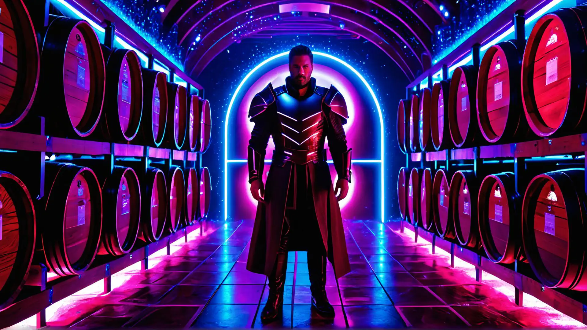 Futuristische wijnkelder met neonverlichting en cyberpunk uitstraling