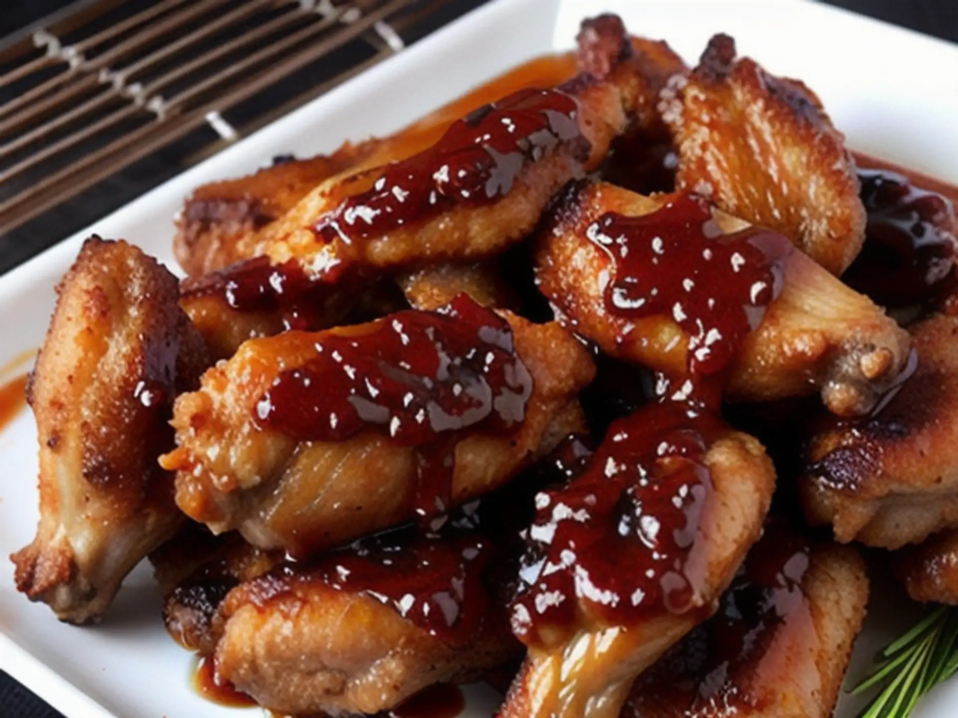 Krokante kippenvleugels met zoete Aziatische BBQ-saus op wit bord