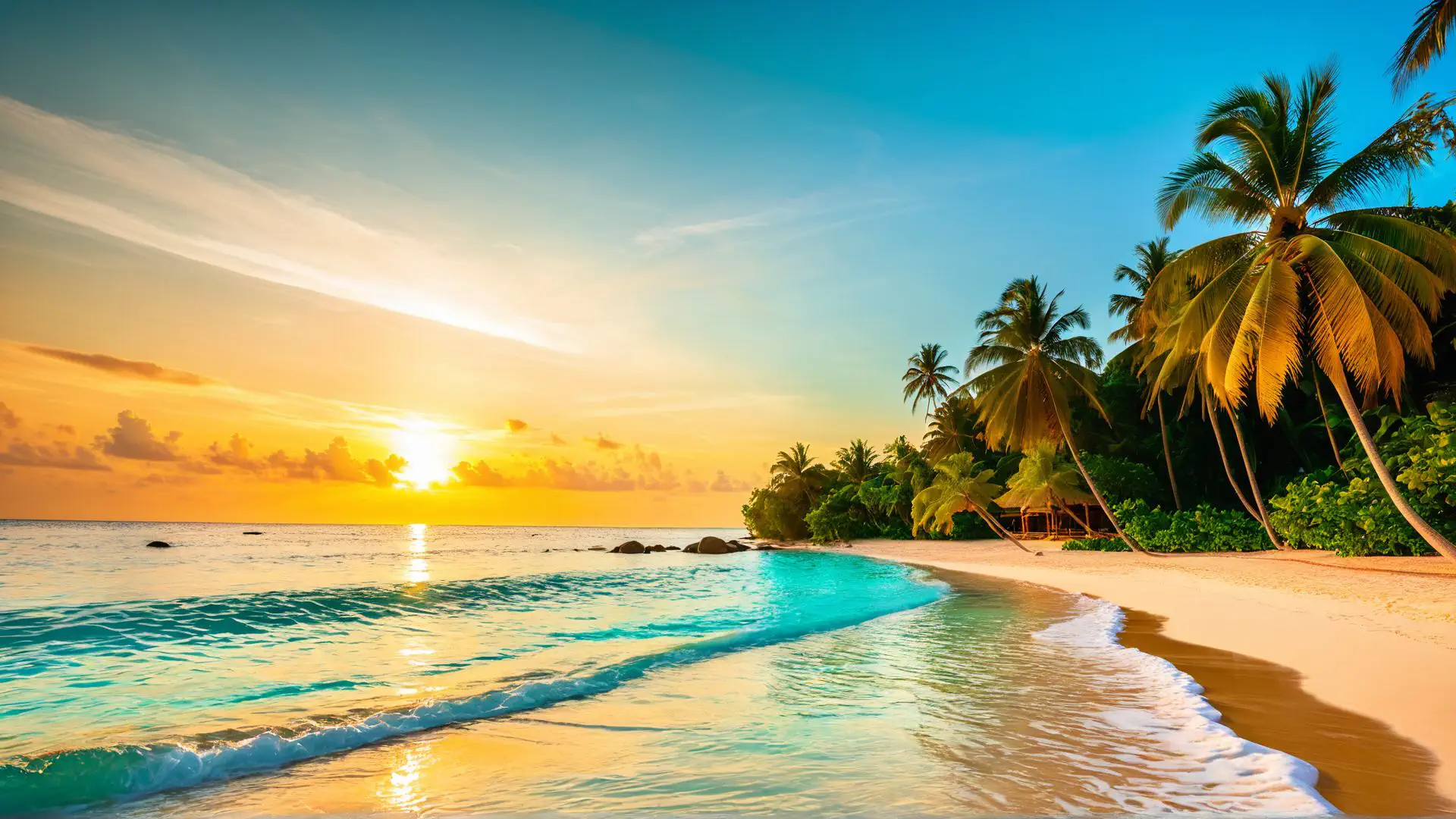 Paradijselijk tropisch strand met palmbomen tijdens gouden