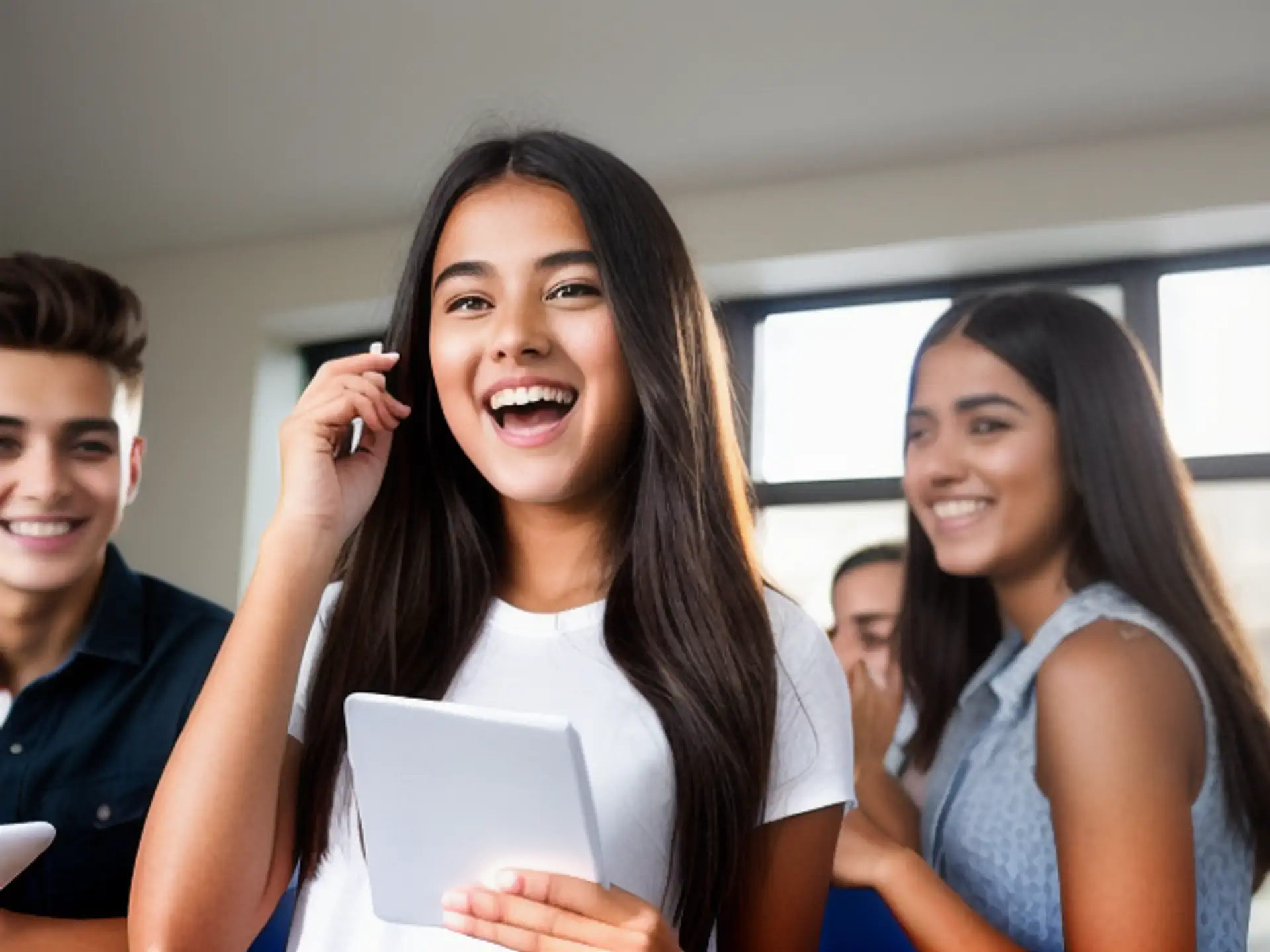 Vrolijke studenten met tablet en smartphone tijdens groepsproject
