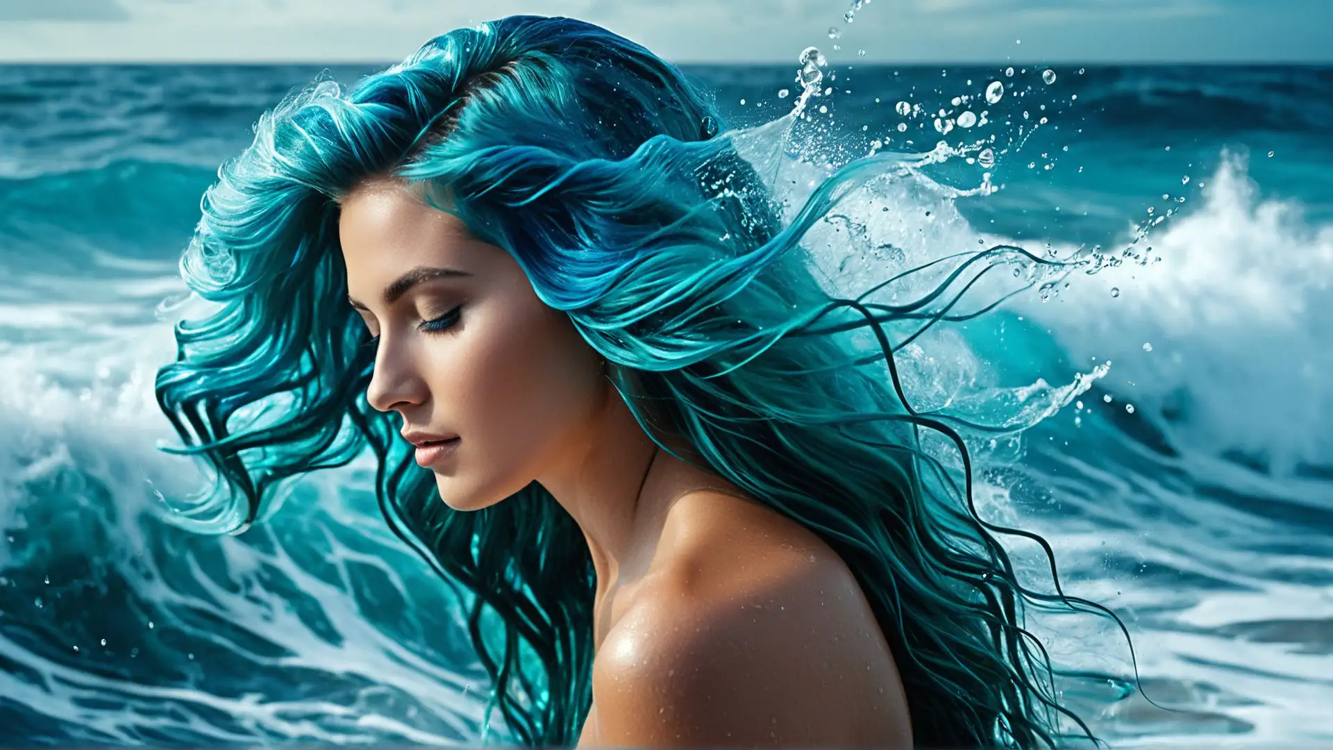 Turquoise zeemeermin fantasie portret met golvende oceaan achtergrond
