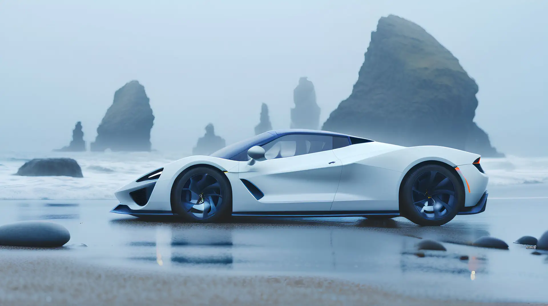 Witte Hypercar op Mistig Zeelandschap 4K Wallpaper