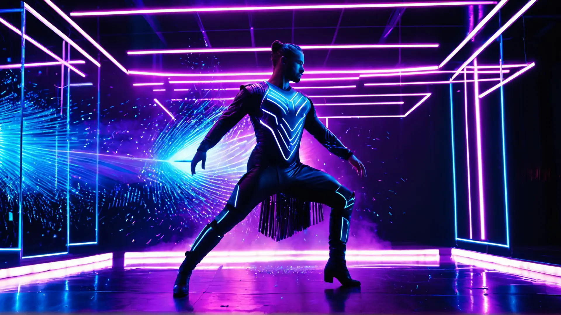 Futuristisch neonpak in cyberpunk dansstudio met paarse verlichting