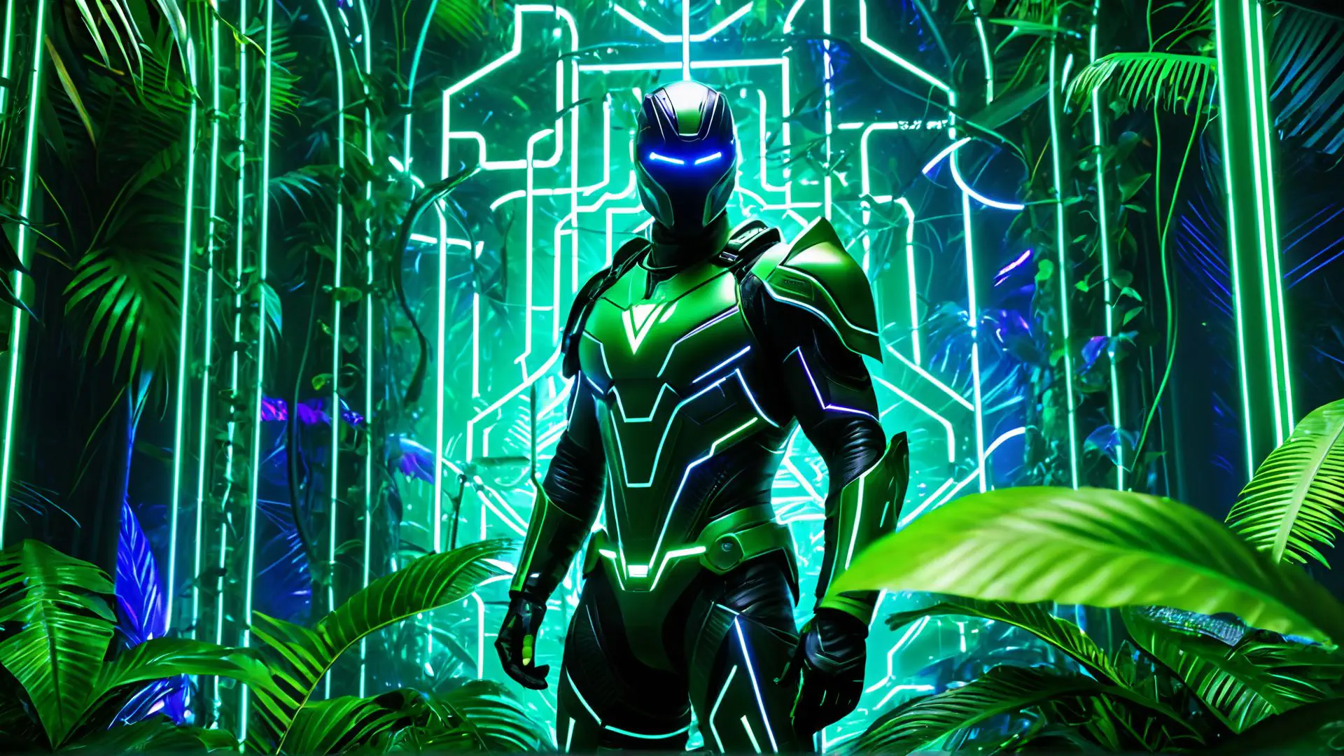 Futuristisch robotharnas in neon jungle met cyberpunk elementen
