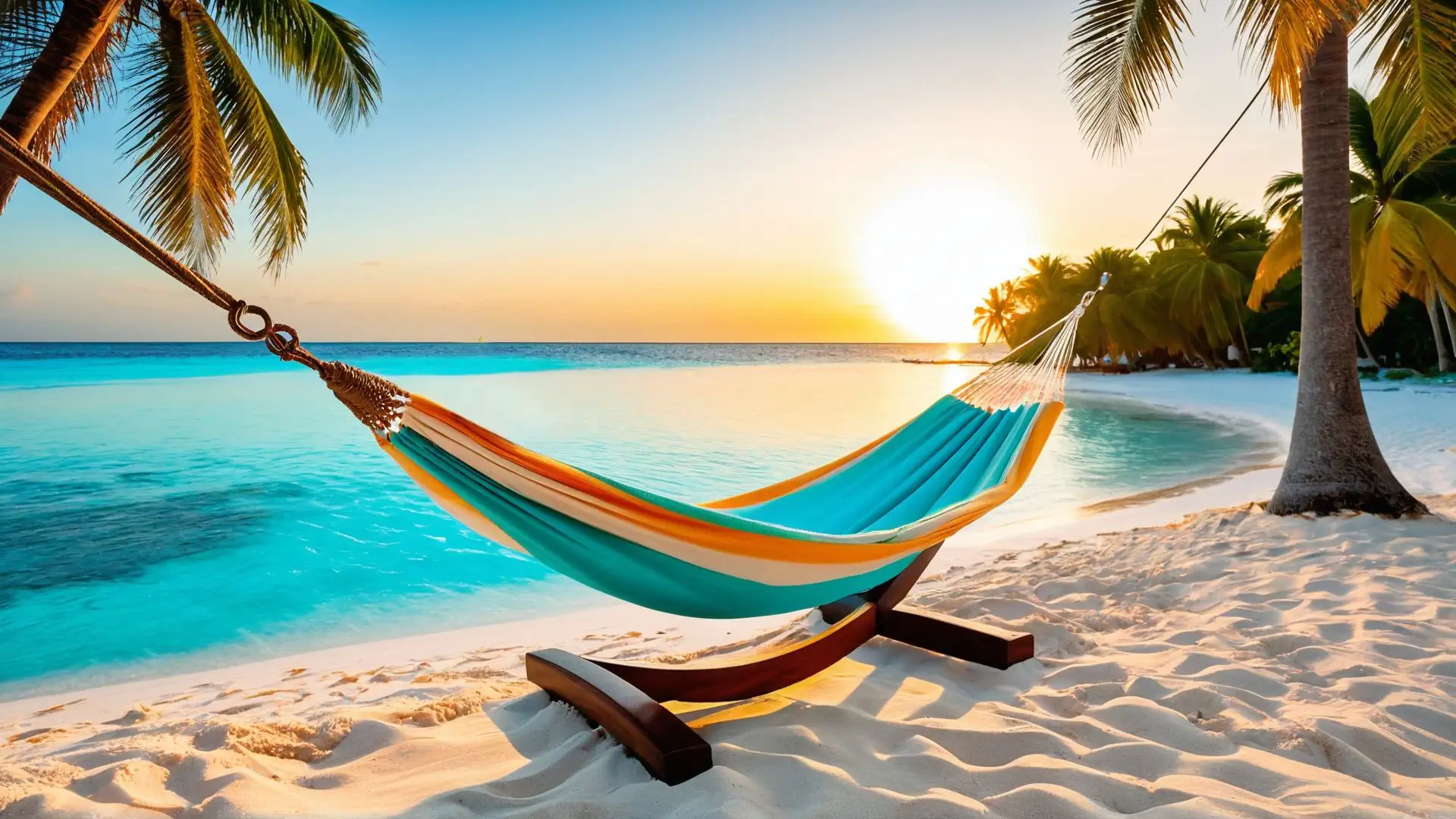 Kleurrijke hangmat op tropisch strand tijdens gouden zonsondergang