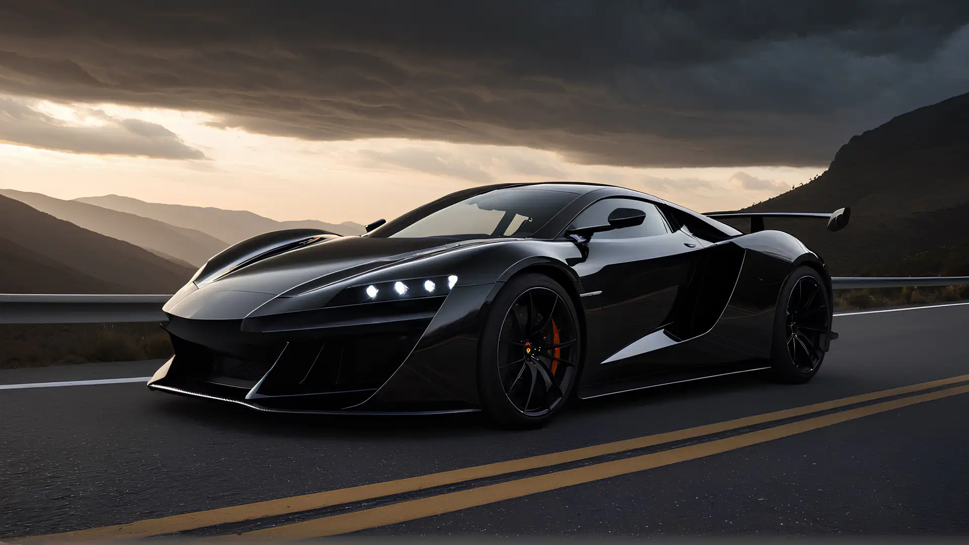 Zwarte Hypercar met Oranje Remklauwen op Dramatische Bergweg bij Schemering