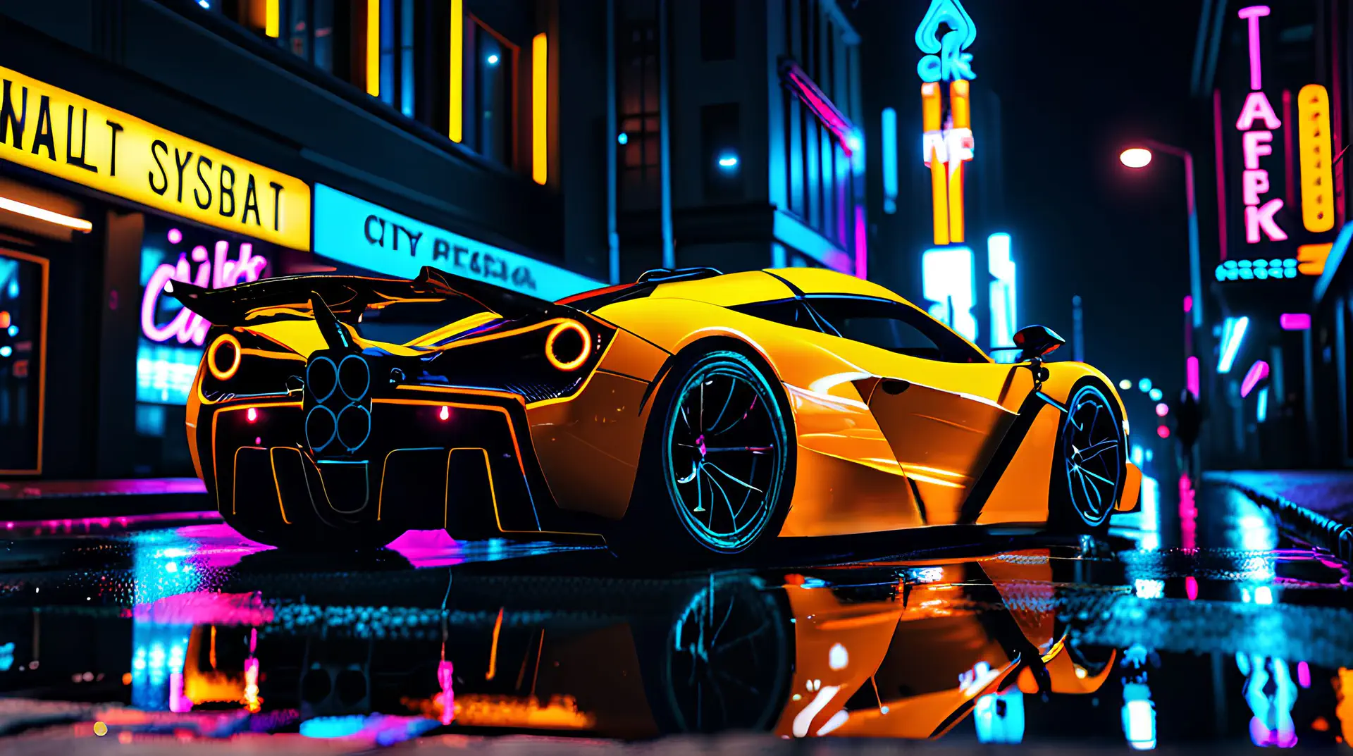 Gouden Hypercar in Cyberpunk Nachtstad met Neonlichten Reflecties