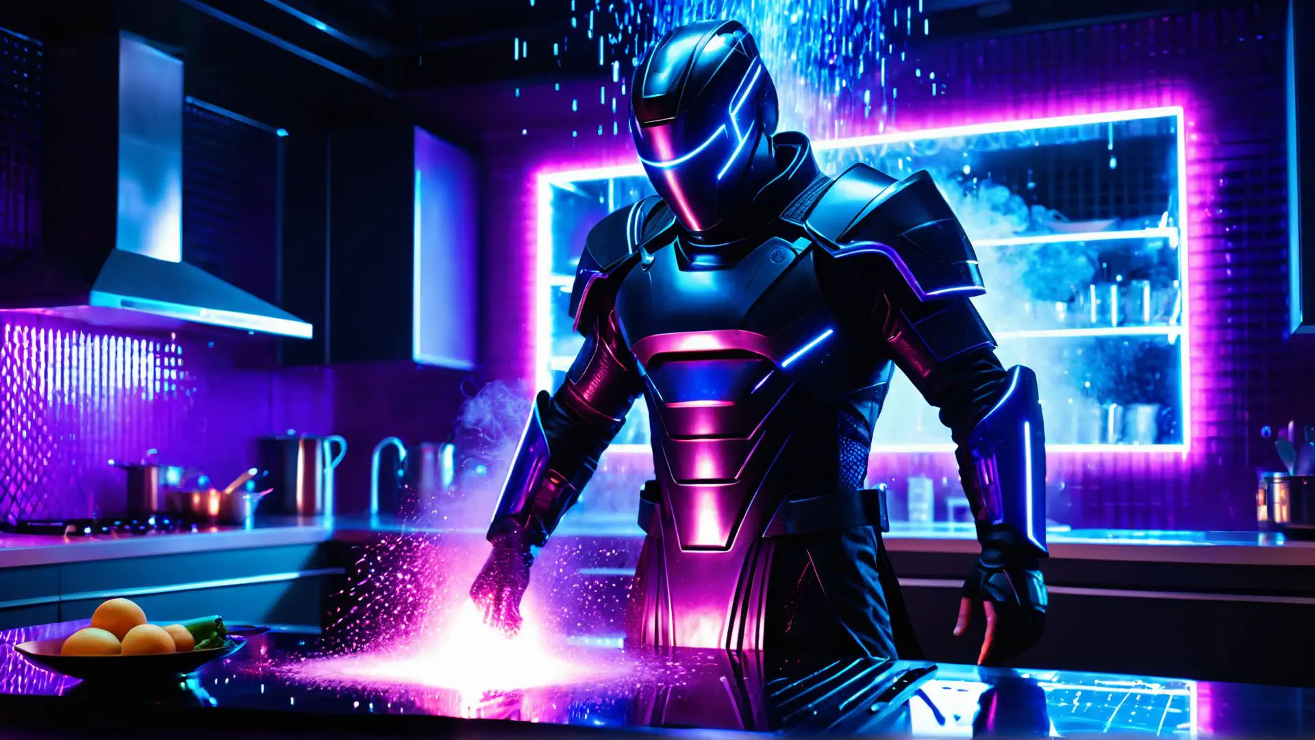 Futuristische robot in neon verlichte cyberpunk keuken met paarse