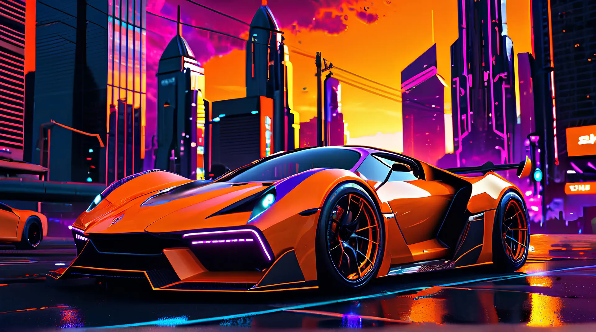 Oranje Hypercar in Cyberpunk Stad 4K Wallpaper