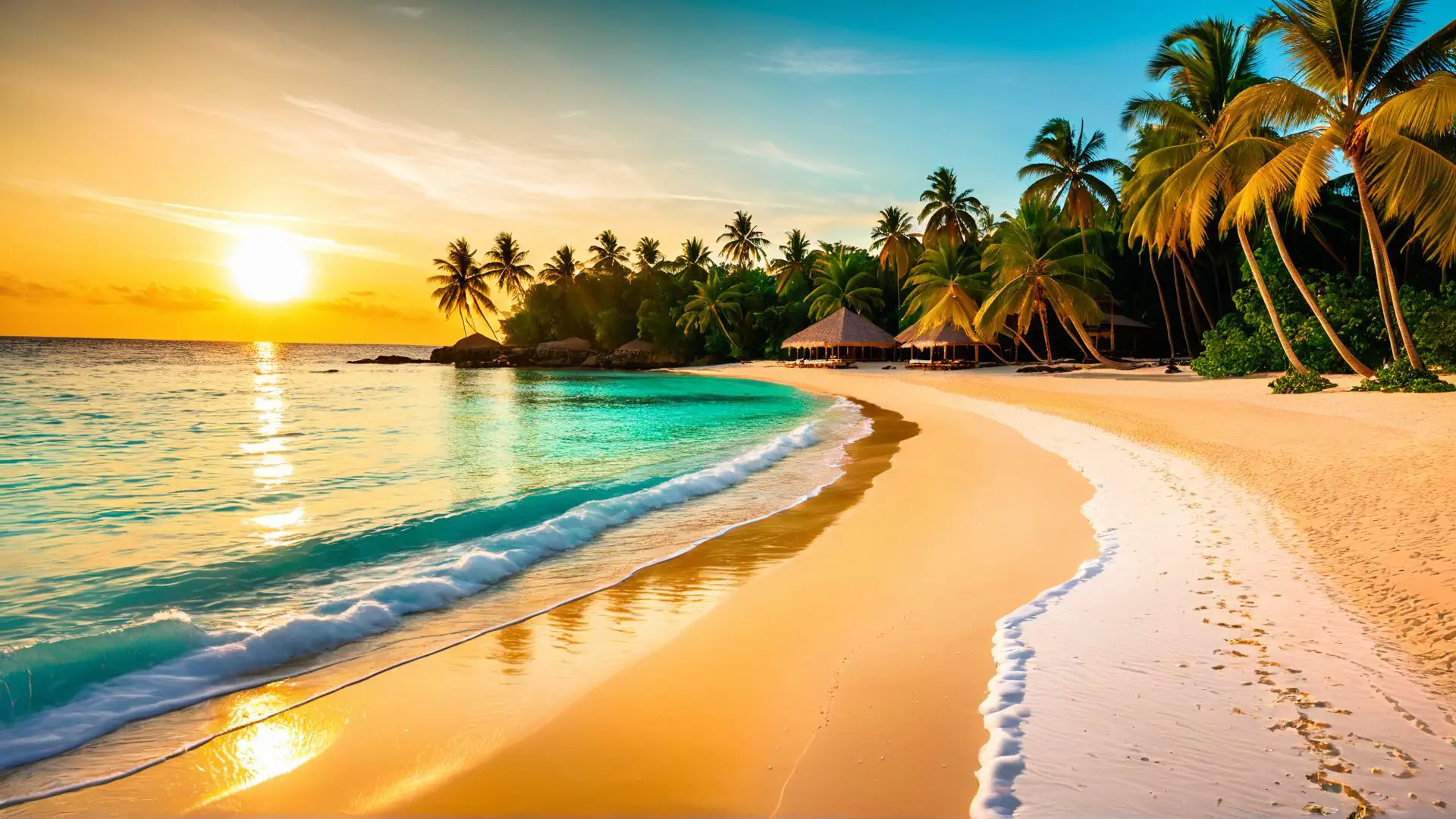 Paradijselijk tropisch strand met palmbomen tijdens gouden