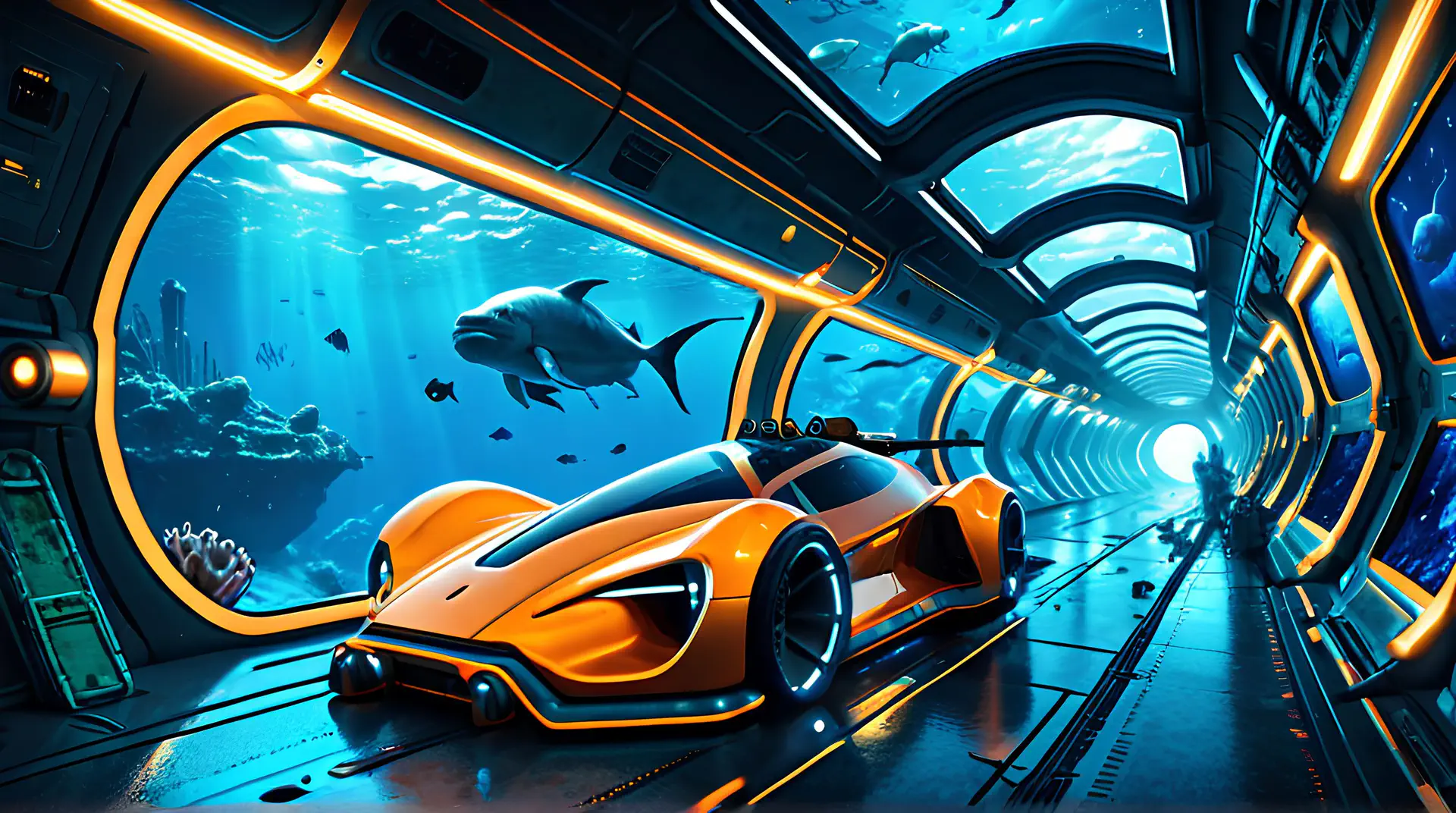 Oranje Sportwagen in Futuristische Onderwaterpassage 4K Wallpaper