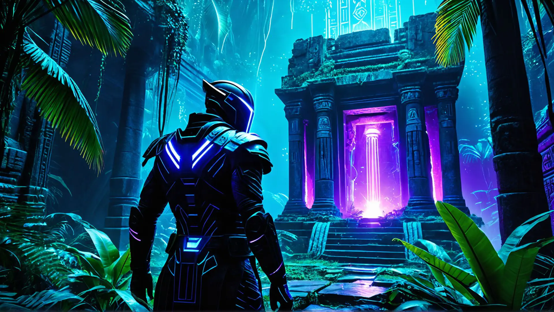 Futuristische krijger bij mystiek tempelportaal in neon jungle