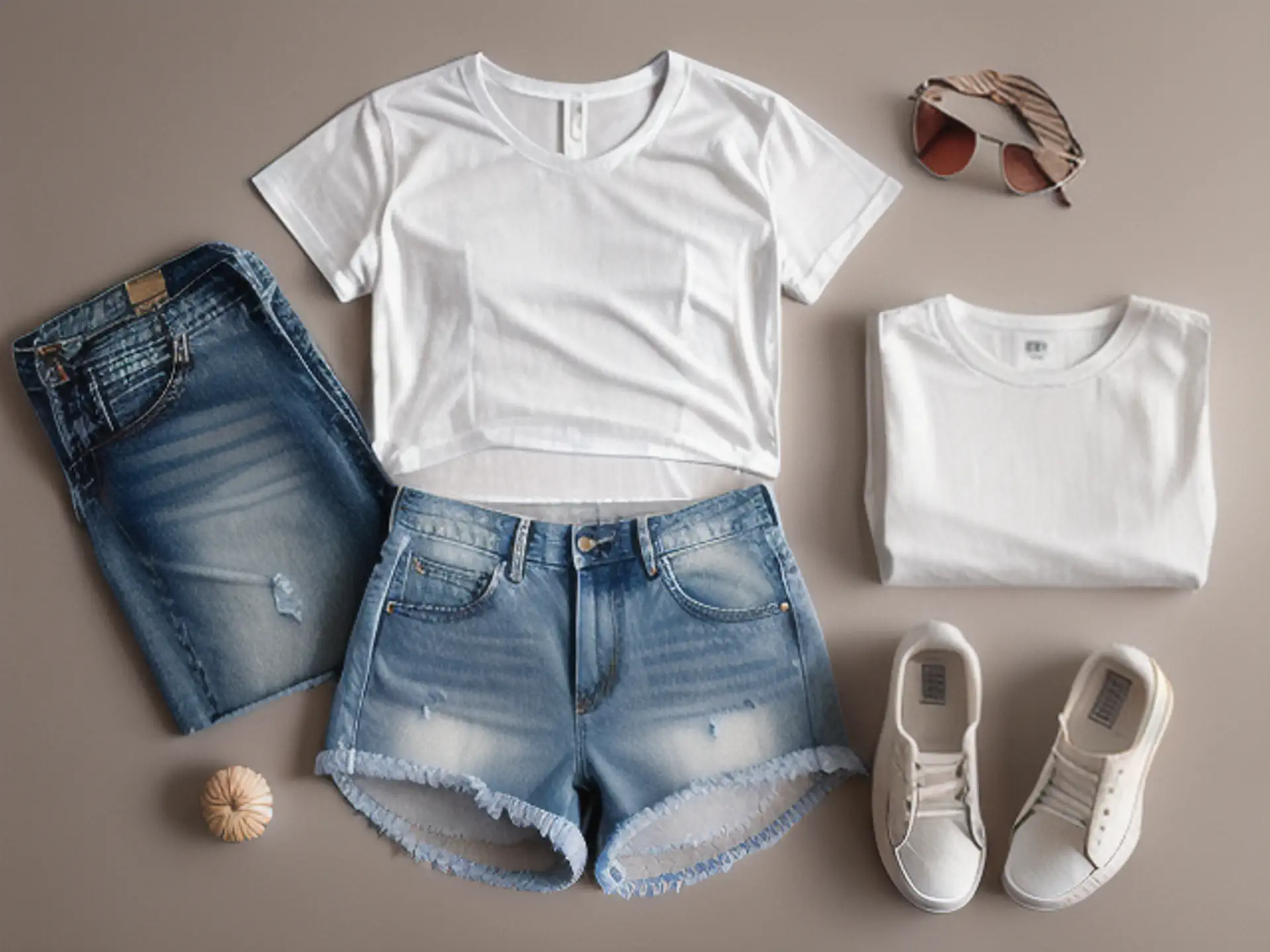 Casual zomeroutfit met denim shorts en witte basics flatlay