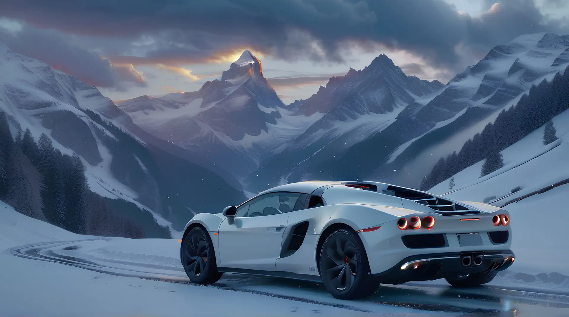 Witte Supercar in Winters Alpenlandschap 4K Wallpaper