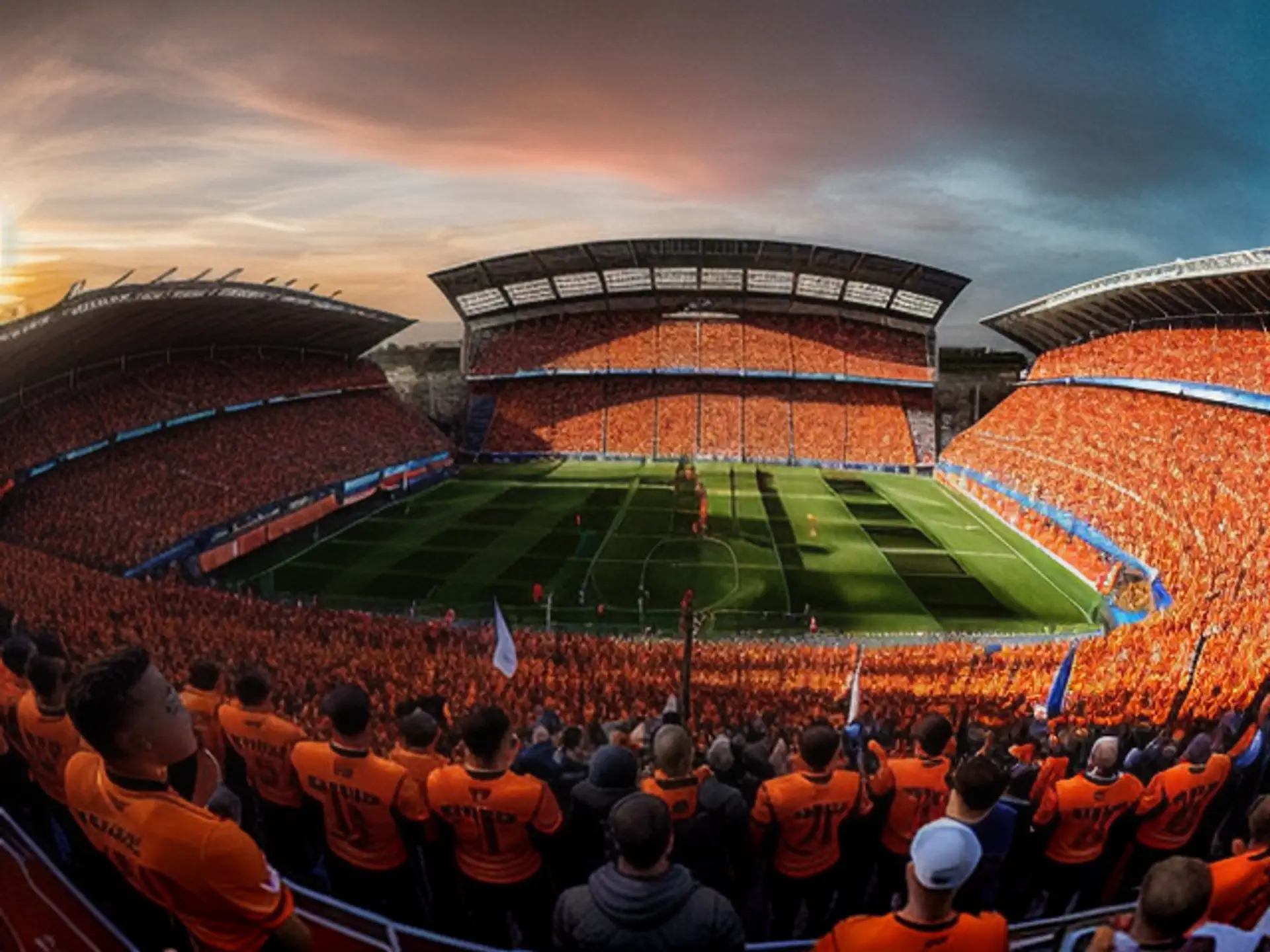Oranje voetbalstadion bij zonsondergang met uitverkochte tribunes
