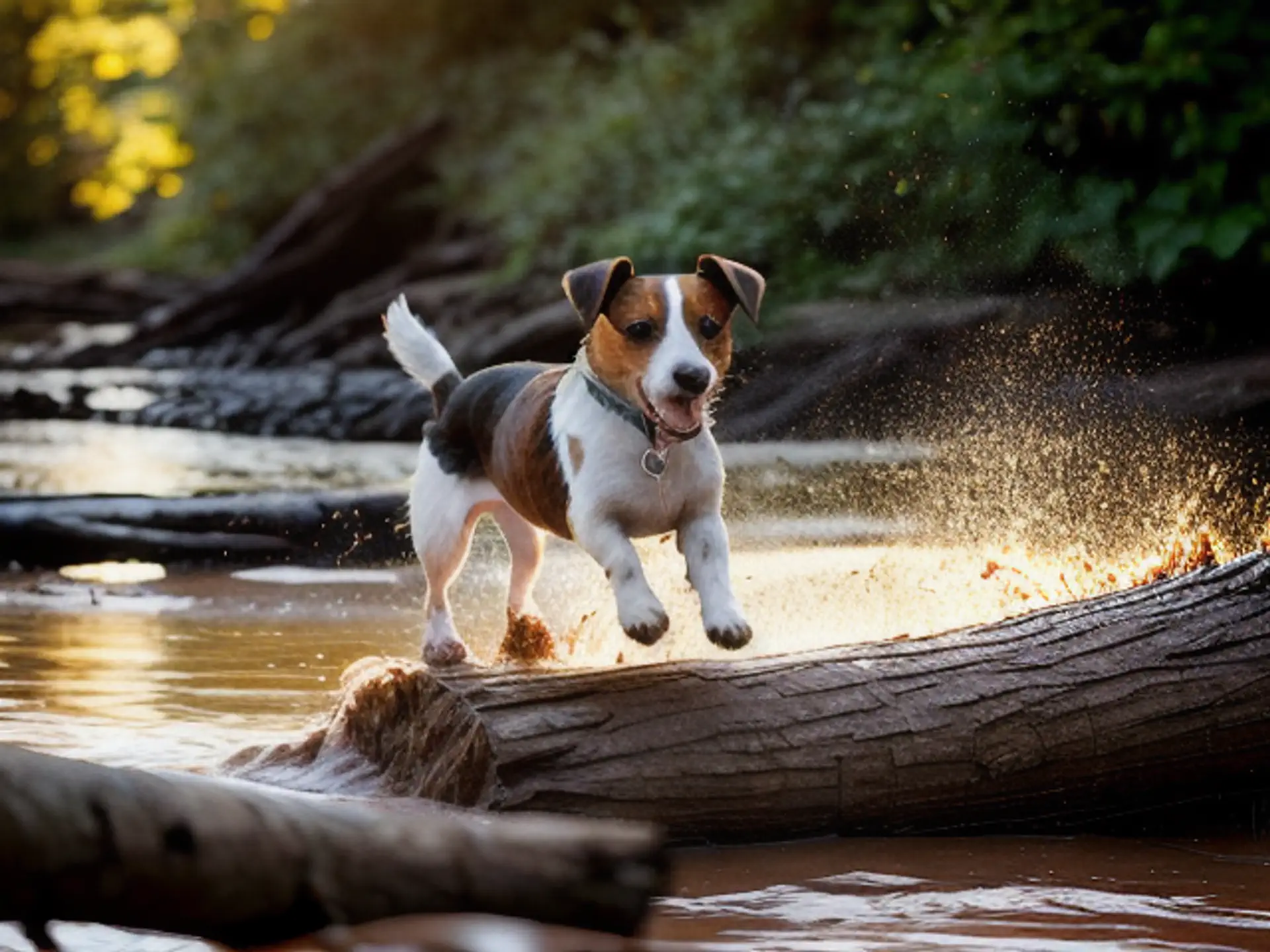 Speelse Jack Russell springt over boomstam bij zonsondergang in water
