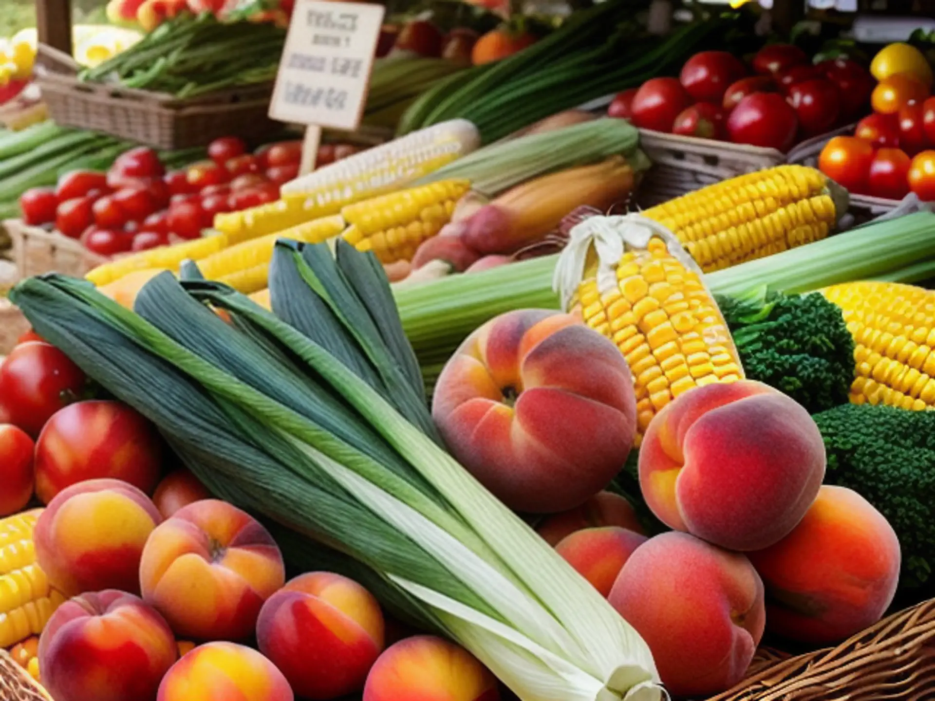 Verse seizoensgroenten en fruit op boerenmarkt met perziken en mais