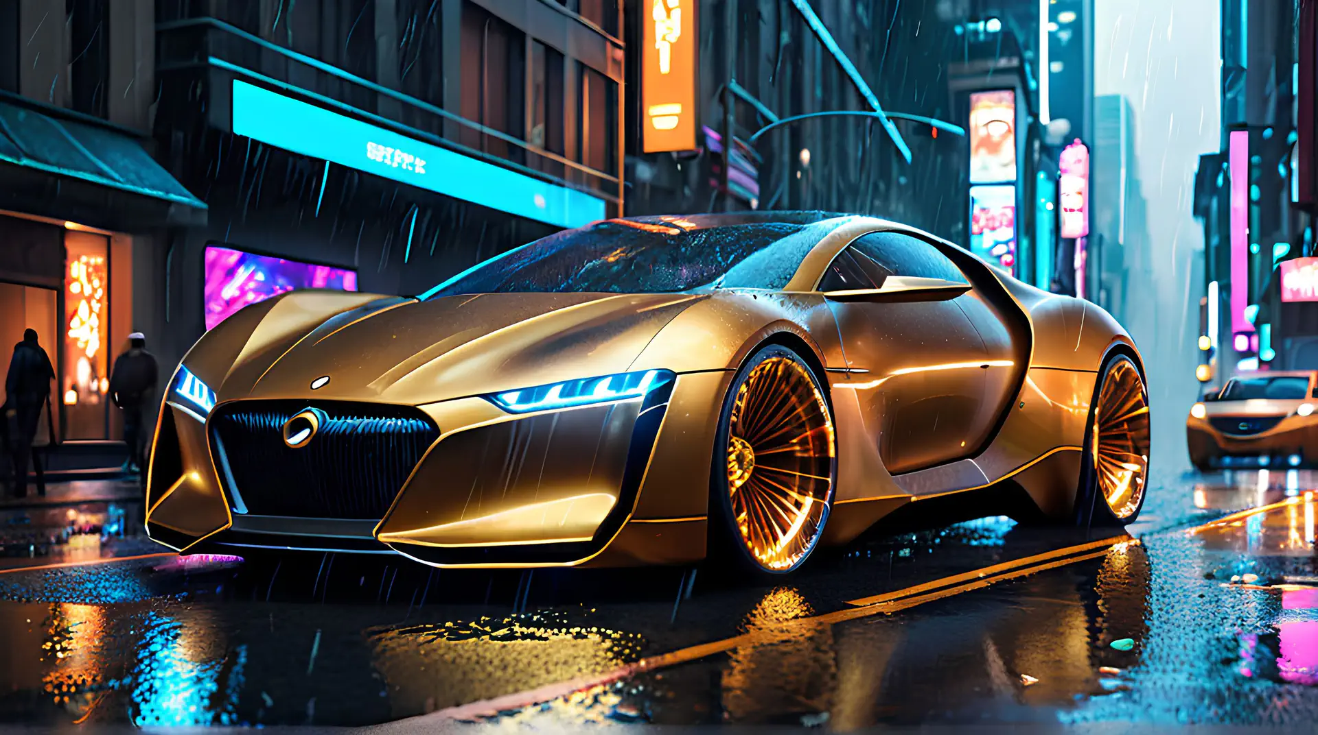 Luxe Gouden Sportwagen in Regenachtige Cyberpunk Stad 4K Wallpaper