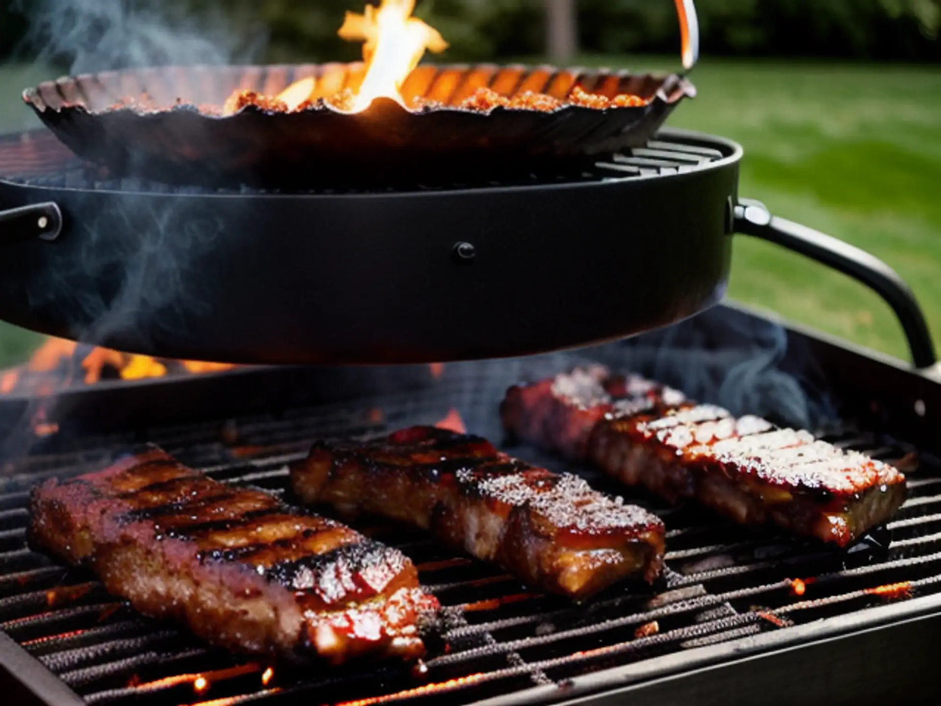 Sappige spareribs op de barbecue met vlammen en rooksmaak