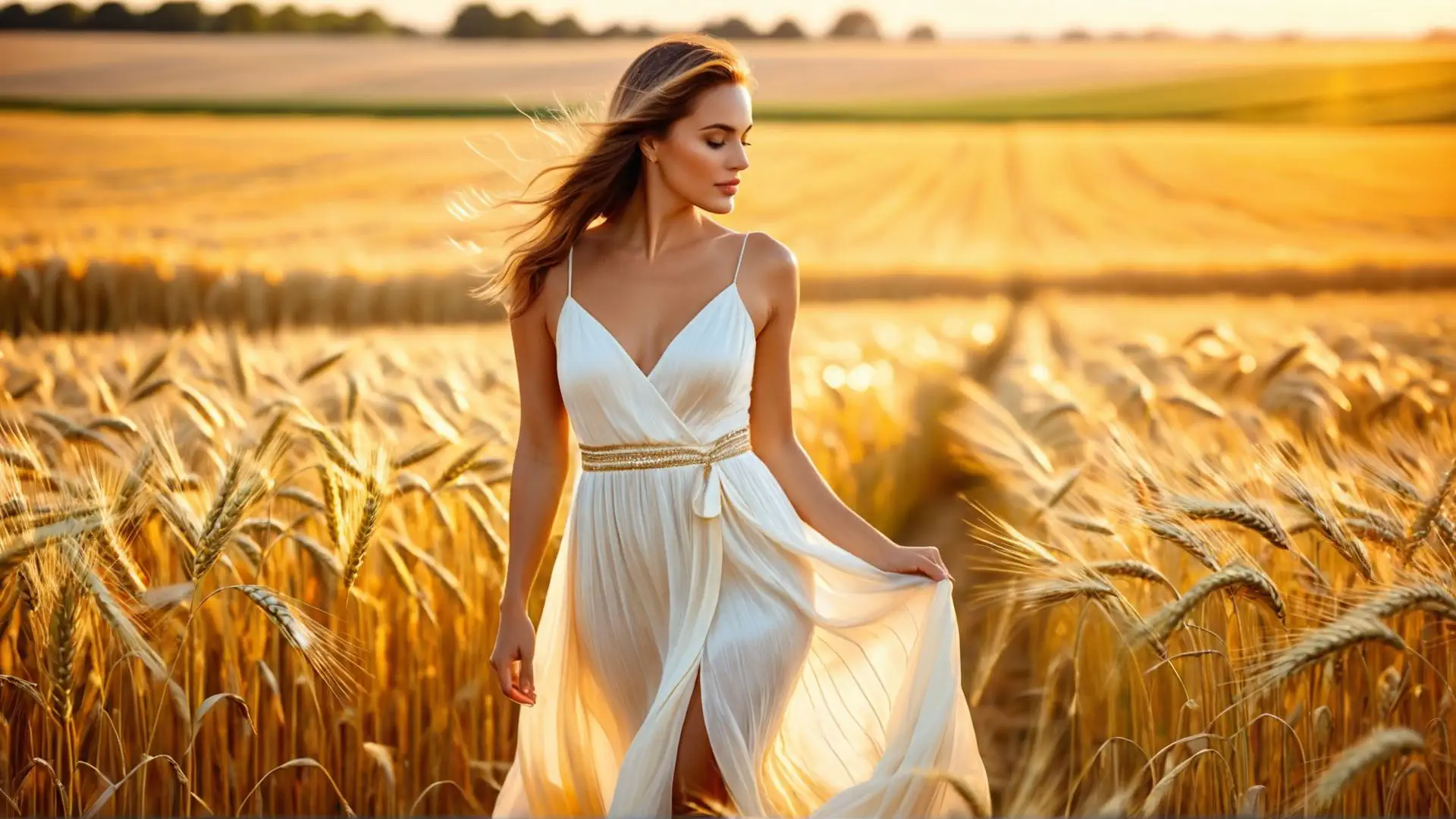 Elegante witte jurk in gouden graanveld tijdens zonsondergang