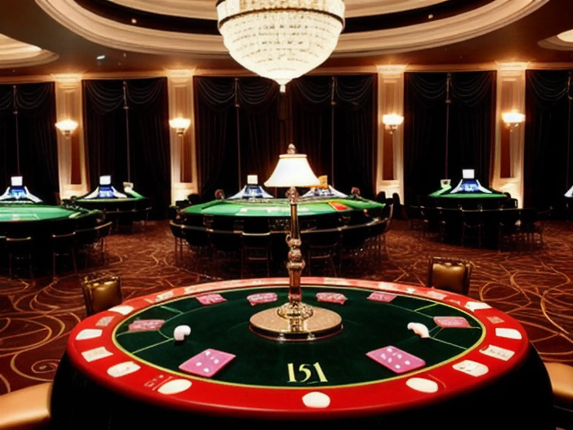 Luxe casino speelzaal met klassieke blackjack tafels en kristallen