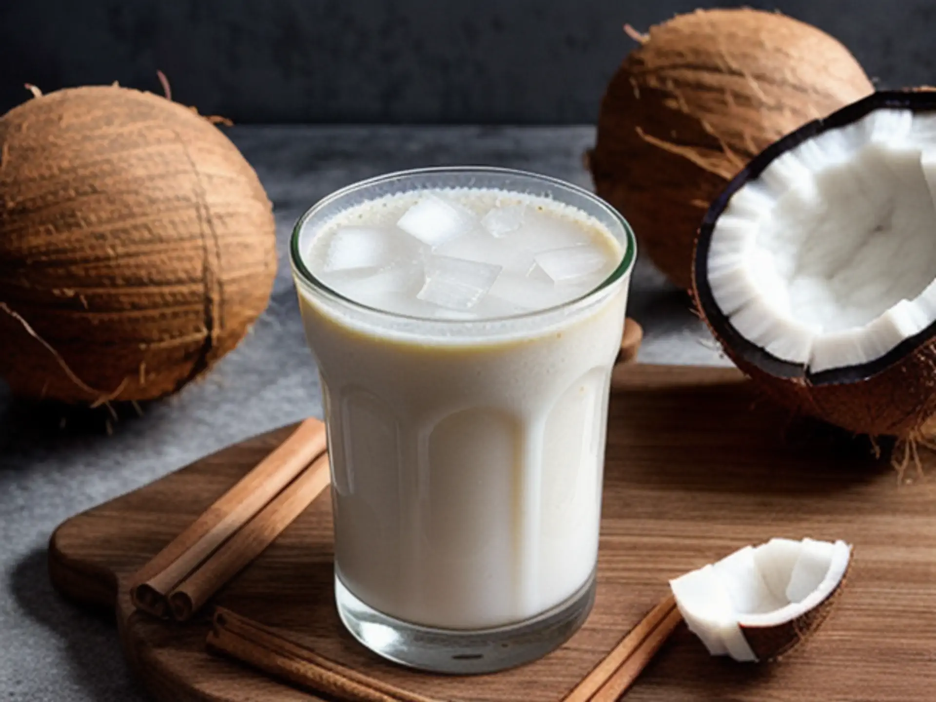 Verfrissende kokosmelk smoothie met ijsblokjes op houten snijplank