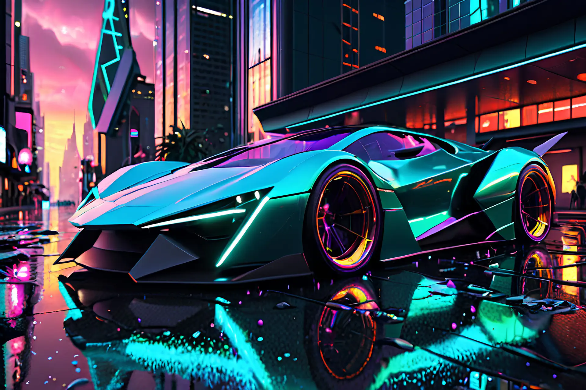 Turquoise Neon Sportwagen in Cyberpunk Metropool