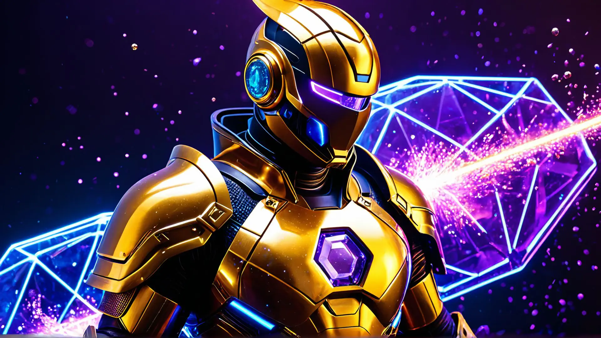 Futuristische robot in gouden pantser met neon geometrische