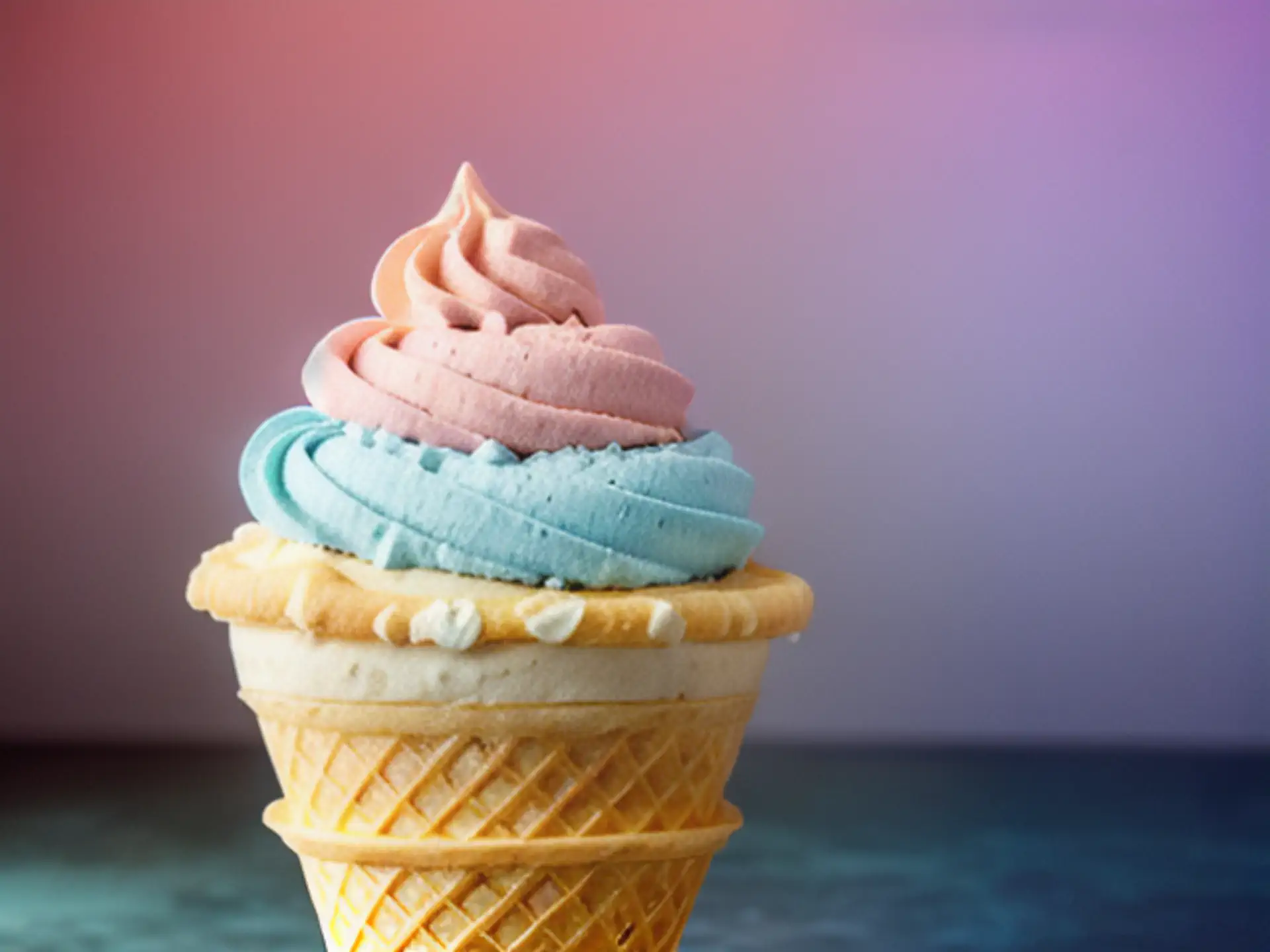 Kleurrijk softijs met pastelroze en mintblauwe topping in hoorntje
