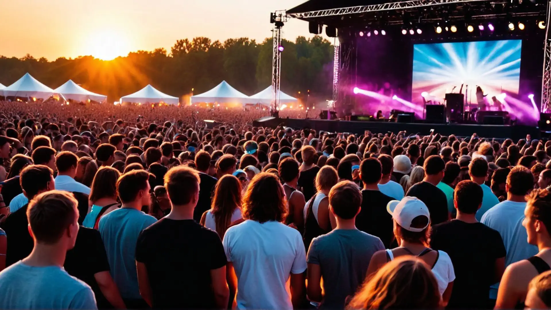 Zomerfestival bij zonsondergang met grote menigte en verlicht podium