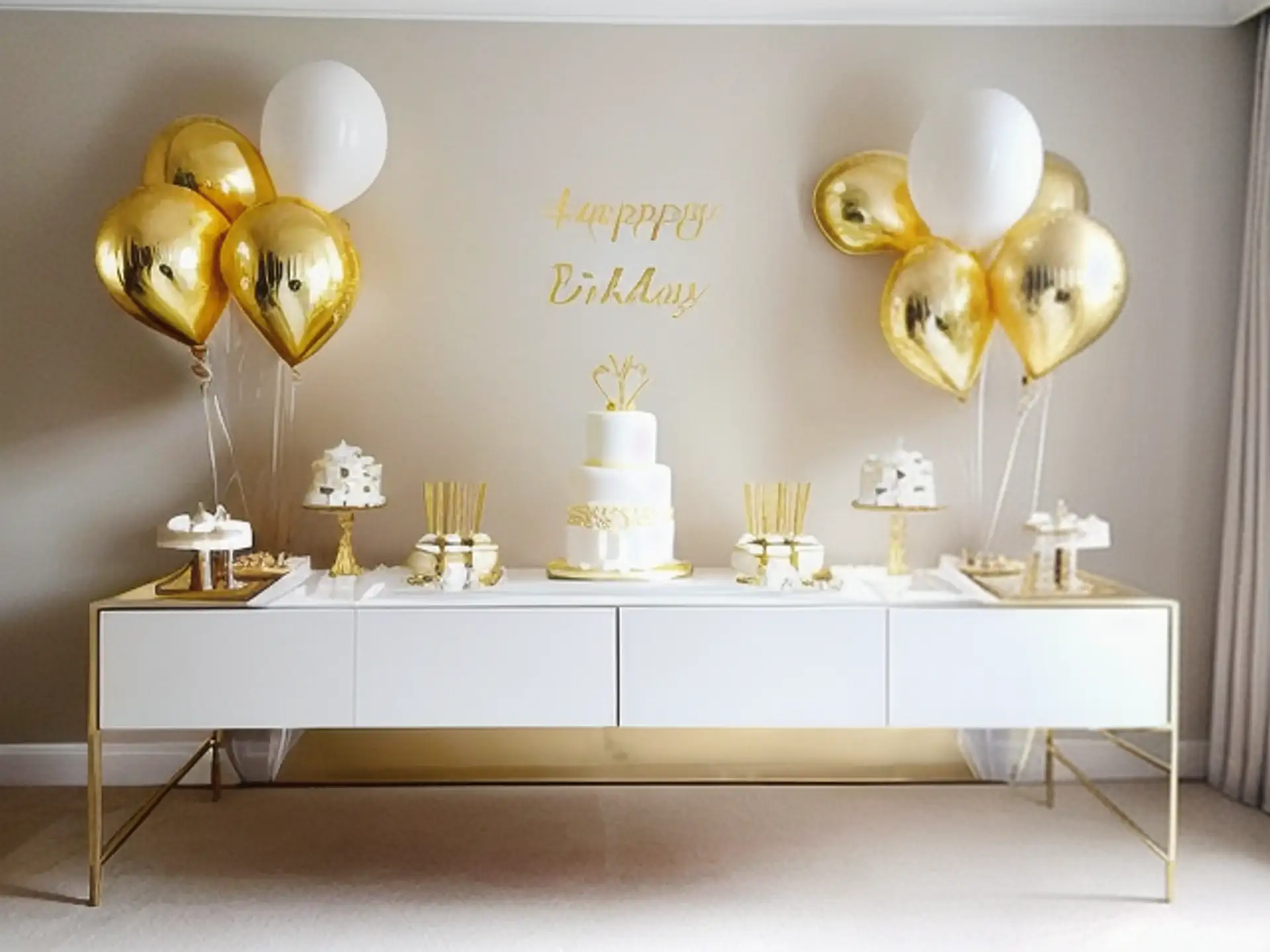 Luxe verjaardagstafel in wit en goud met elegante ballondecoratie