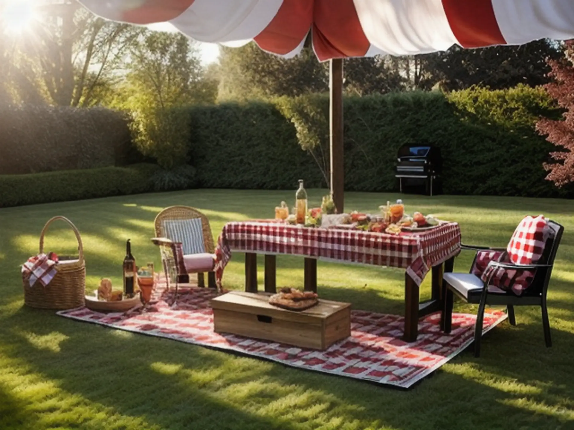 Gezellige tuinpicknick met rood-wit kleed en parasol bij zonsondergang