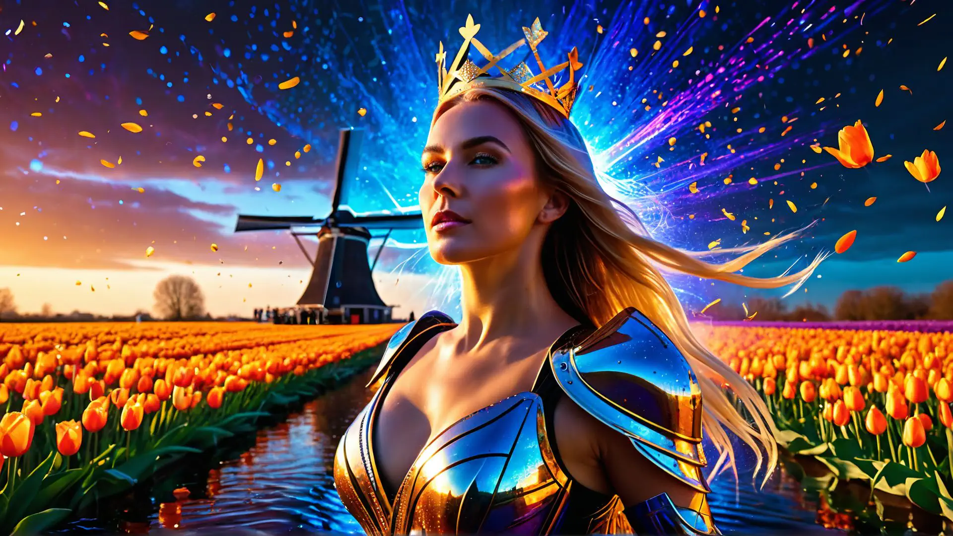 Magische fantasie compositie met windmolen en tulpenvelden