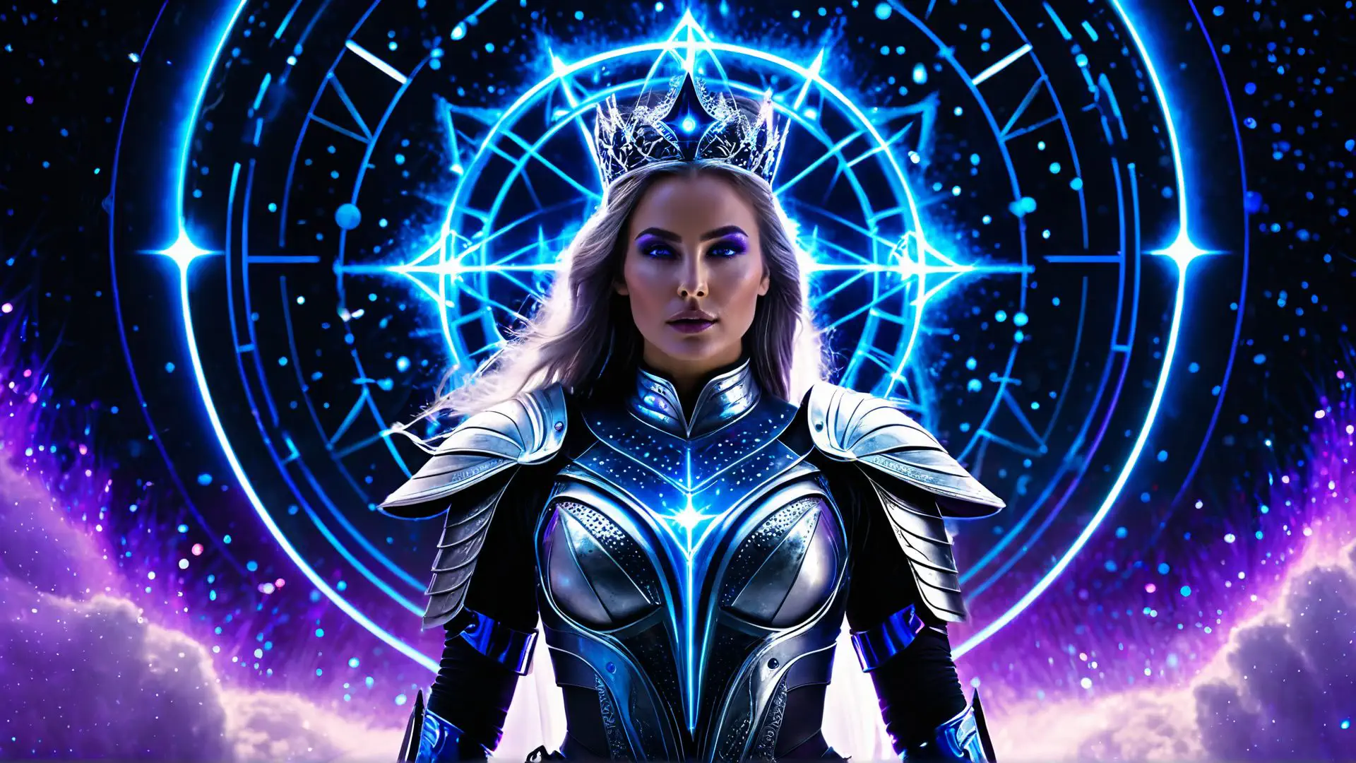 Futuristische krijger in magisch blauw harnas