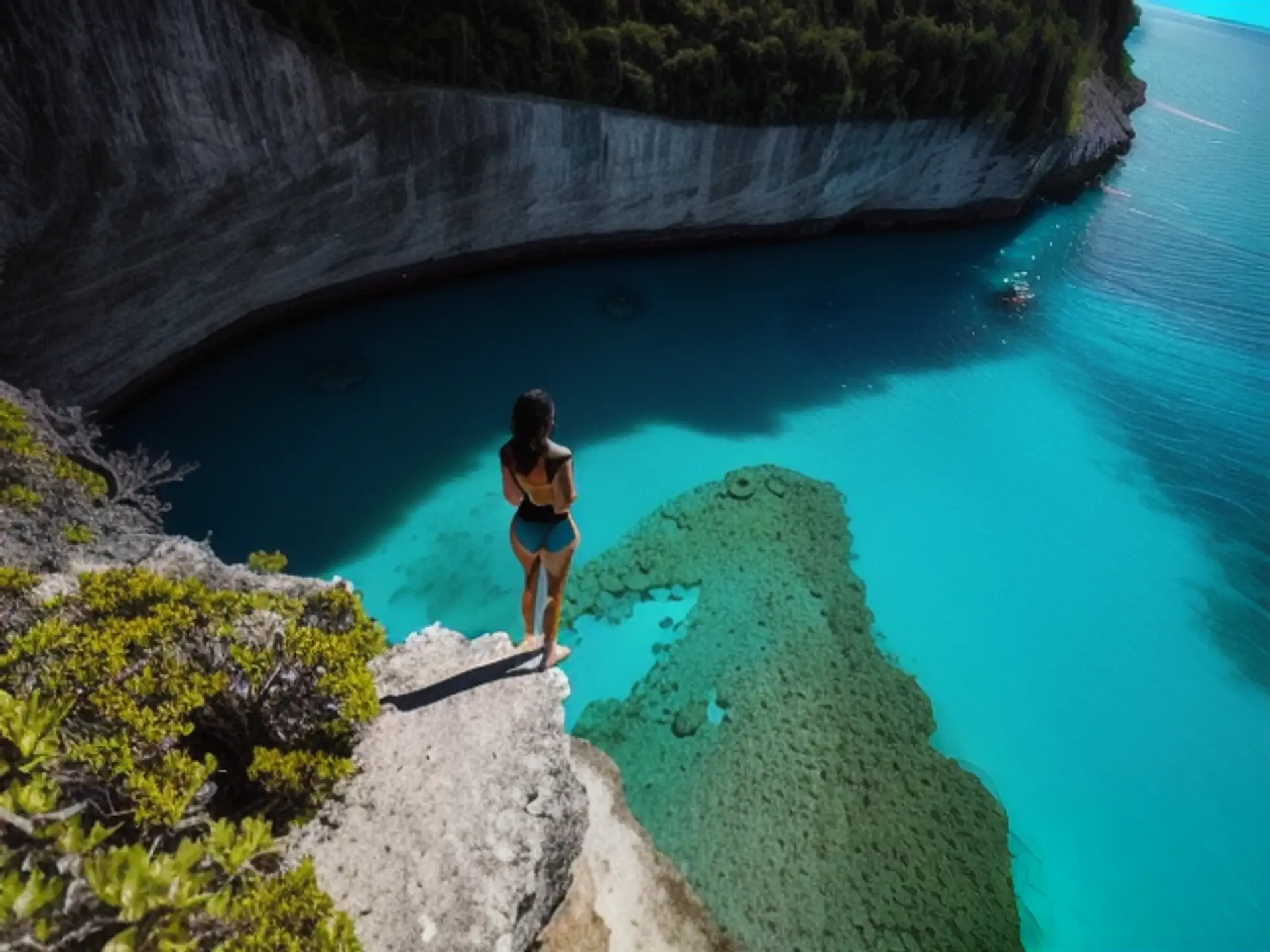 Adembenemend uitzicht op turquoise lagune vanaf rotsachtige klif