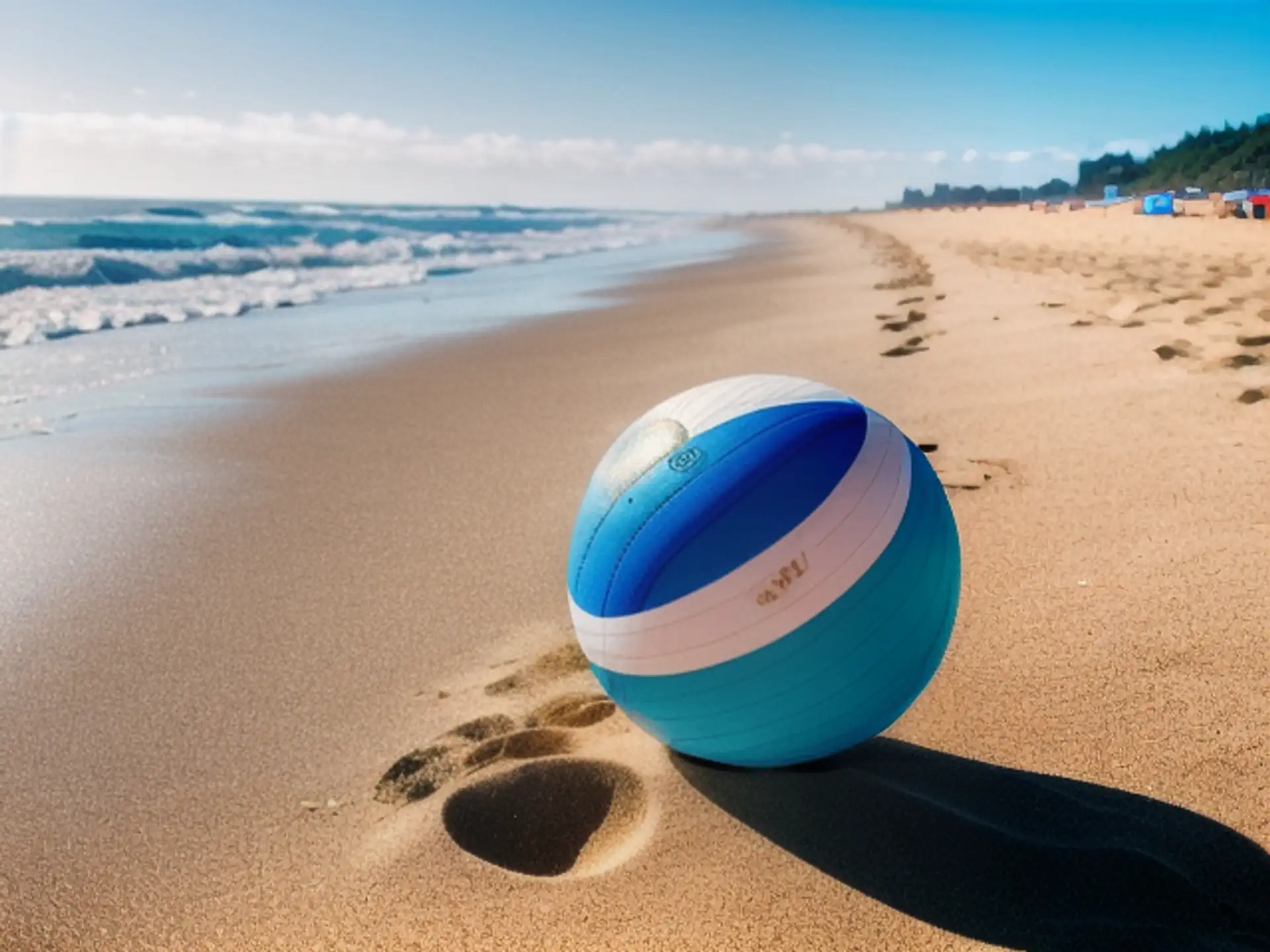 Kleurrijke strandbal op verlaten zandstrand met ruisende golven