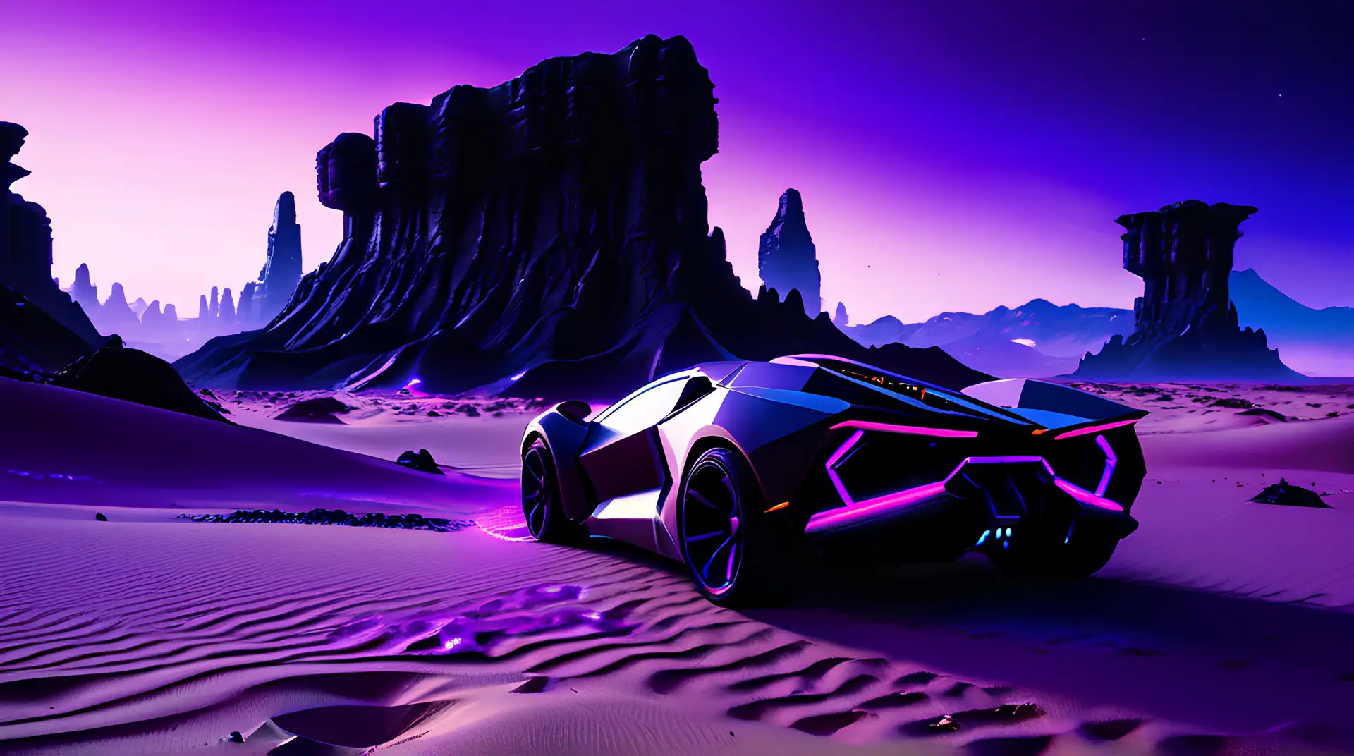 Futuristische Hypercar Achterkant in Paars Alien Landschap 4K Wallpaper